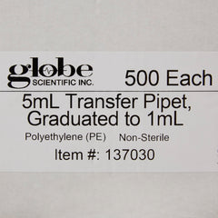 Globe Scientific Transfer Pipette 5 mL 0.25 mL Graduation Increments NonSterile, Packaging Type- Box