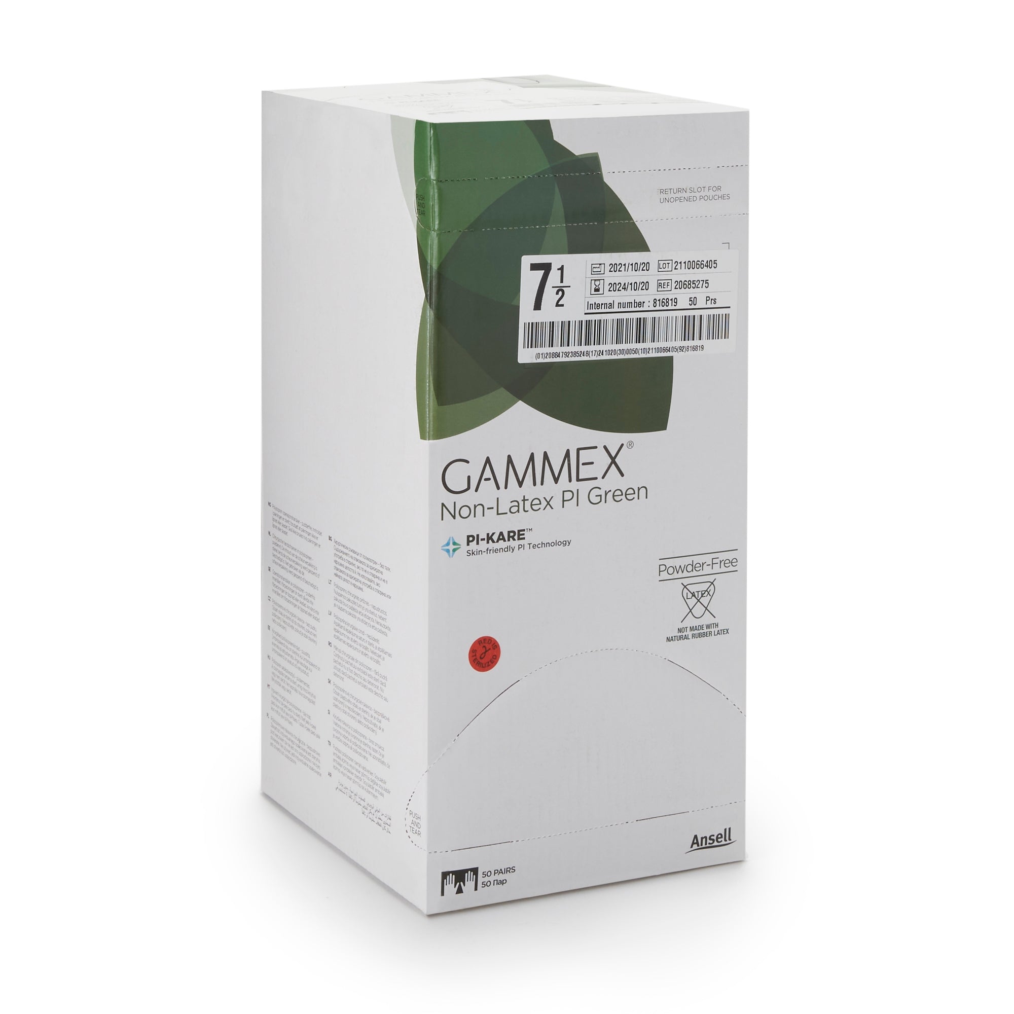 Surgical Glove GAMMEX Non-Latex PI Green Size 7.5 Sterile Polyisoprene Standard Cuff Length Micro-Textured Light Green Chemo Tested | 50Pair/Box