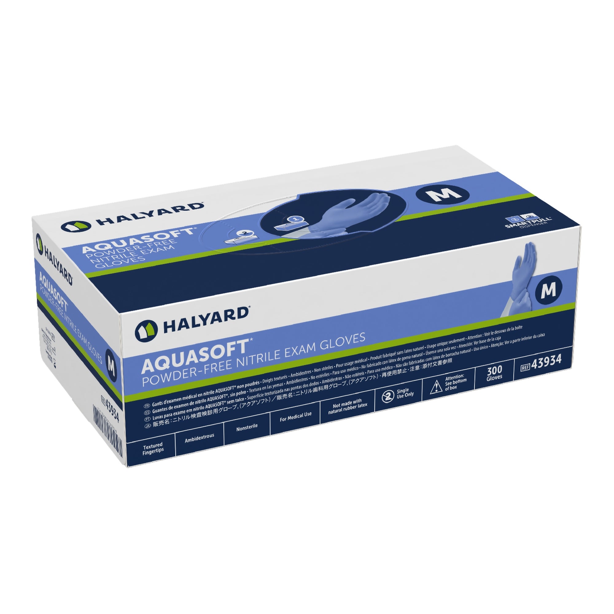 Exam Glove Aquasoft Medium NonSterile Nitrile Standard Cuff Length Textured Fingertips Blue Chemo Tested | 300/Box