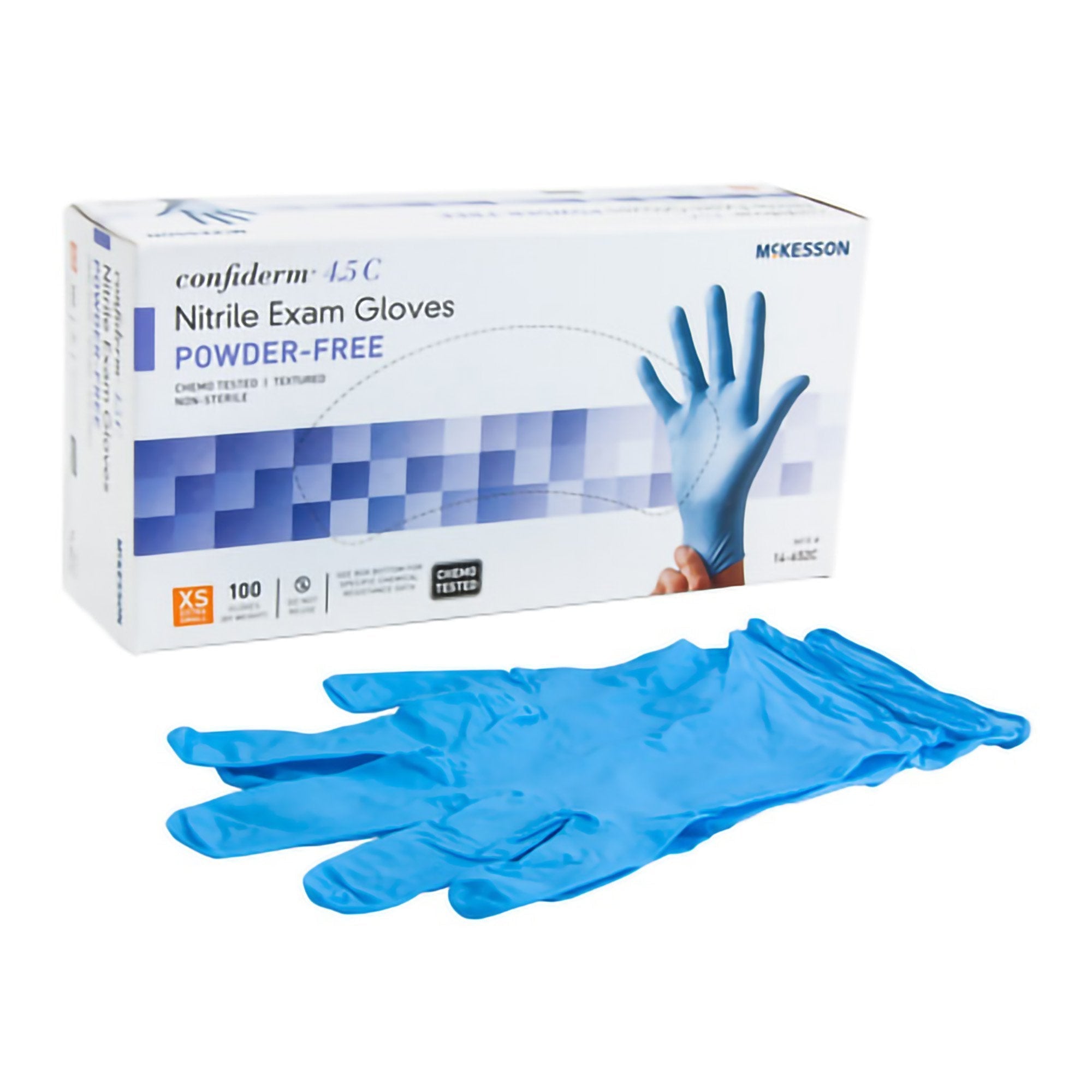 Exam Glove McKesson Confiderm 4.5C X Small NonSterile Nitrile Standard Cuff Length Textured Fingertips Blue Chemo Tested