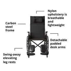 Reclining Wheelchair McKesson Desk Length Arm Swing-Away Elevating Legrest Black Upholstery 20 Inch Seat Width Adult 350 lbs. Weight Capacity