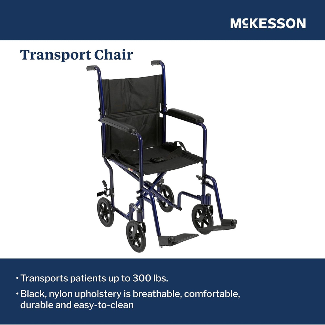 mckesson lightweight transport chair with blue aluminum frame