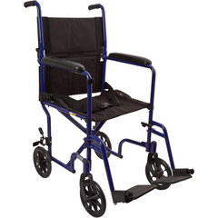 McKesson lightweight transport chair with blue aluminum frame and swing-away footrests front view