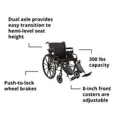 Lightweight Wheelchair McKesson Dual Axle Desk Length Arm Swing-Away Elevating Legrest Black Upholstery 20 Inch Seat Width Adult 300 lbs. Weight Capacity, Packaging Type- Each