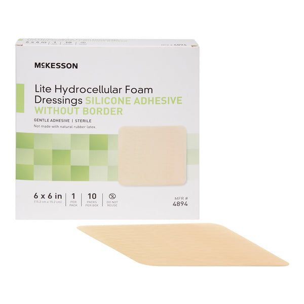 Thin Foam Dressing McKesson Lite 6 X 6 Inch Without Border Film Backing Silicone Gel Adhesive Square Sterile