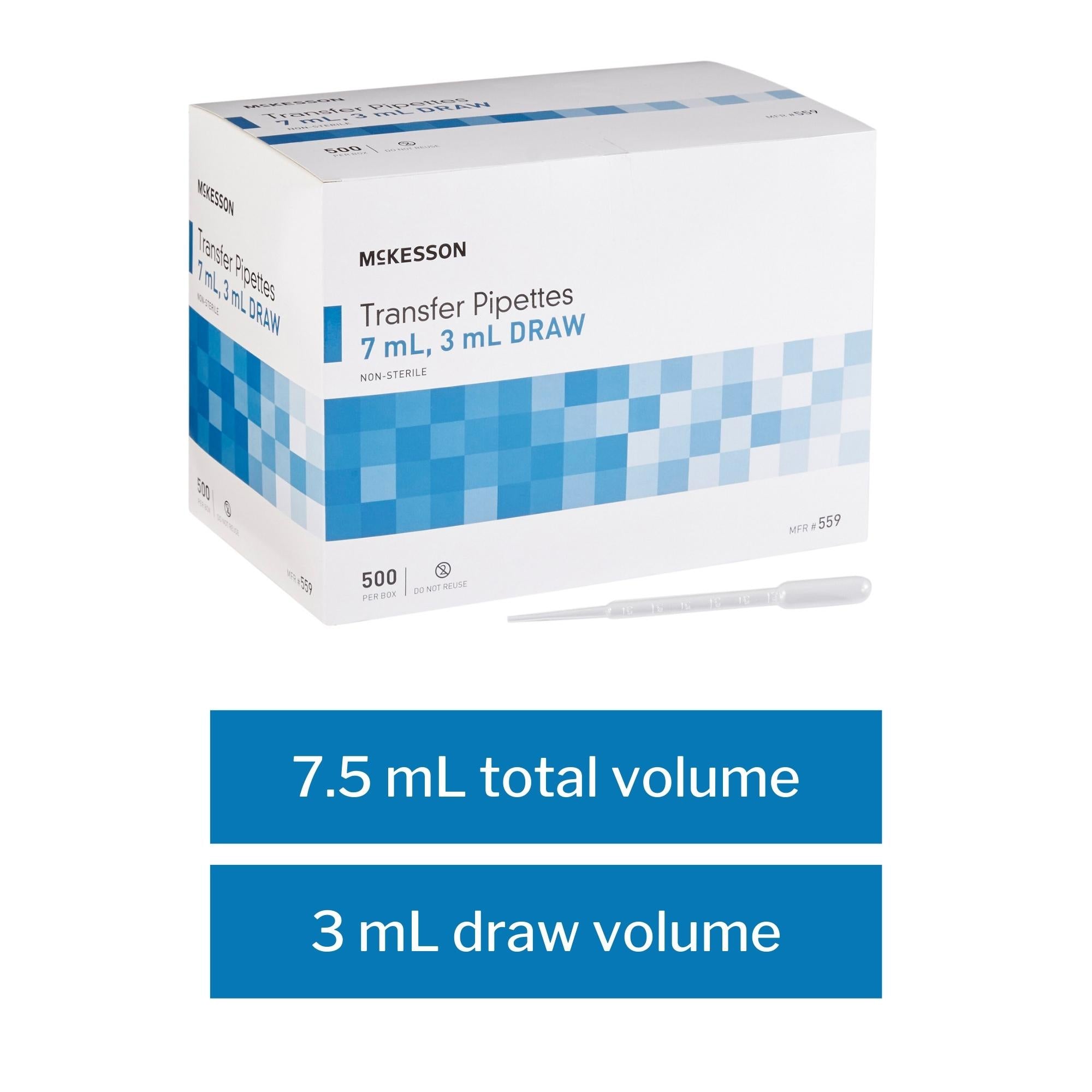 mckesson transfer pipette 7 5 ml 0 5 to 3 ml graduation increments nonsterile packaging type box