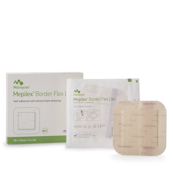 Thin Foam Dressing Mepilex Border Flex Lite 4 X 4 Inch With Border Film Backing Silicone Adhesive Square Sterile