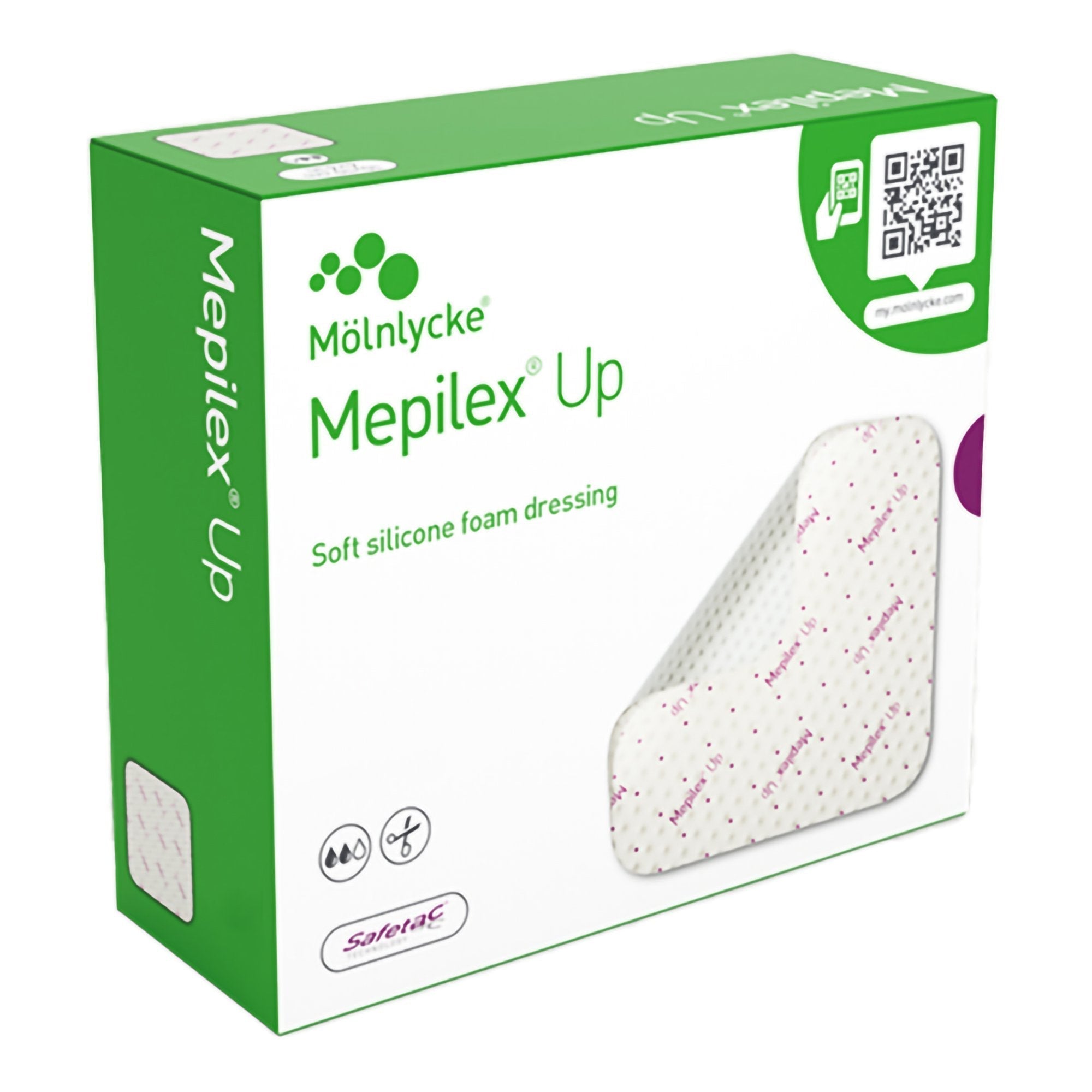 Foam Dressing Mepilex Up 4 X 4 Inch Without Border Without Film Backing Silicone Adhesive Square Sterile