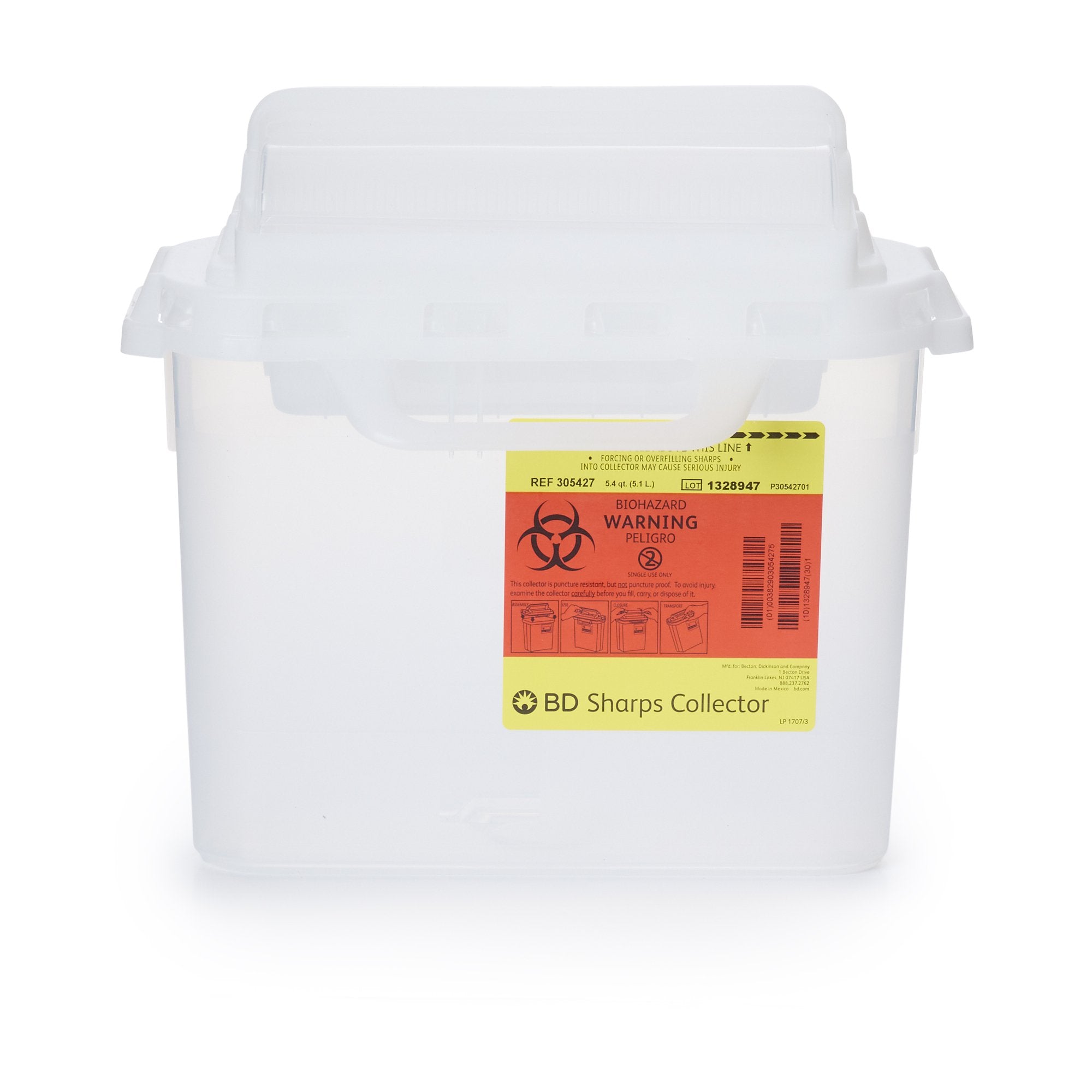 Sharps Container BD Translucent White Base 12 H X 12 W X 4-4/5 D Inch Horizontal Entry 1.35 Gallon