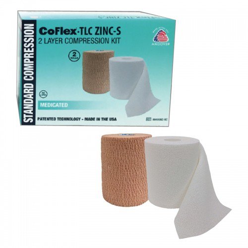 2 Layer Compression Bandage System CoFlex TLC Zinc with Indicators 4 Inch X 6 Yard / 4 Inch X 7 Yard Self-Adherent / Pull On Closure Tan NonSterile 35 to 40 mmHg, Packaging Type- Case