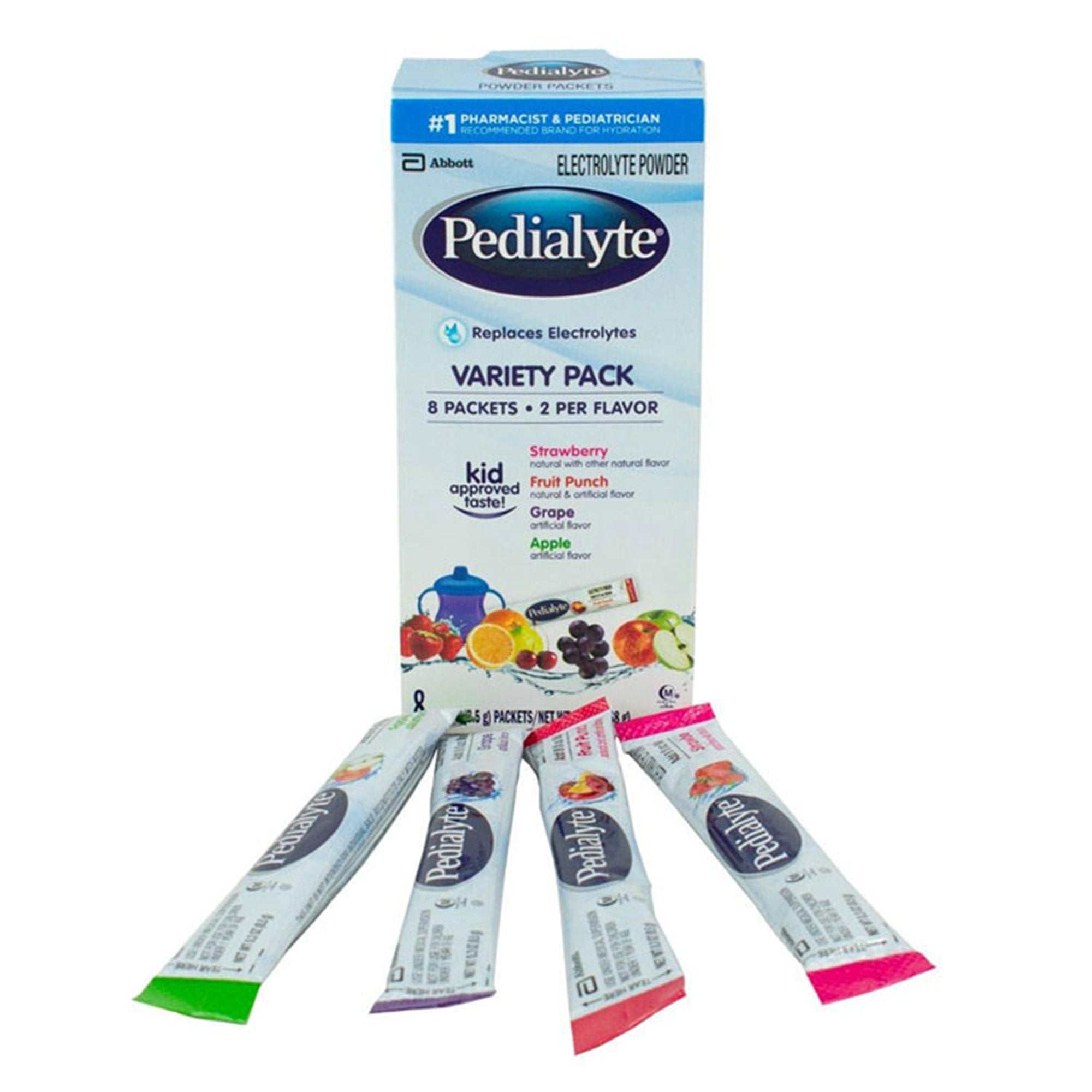 Oral Electrolyte Solution Pedialyte Powder Packs Fruit Punch / Grape / Apple / Strawberry Flavor 0.3 oz. Electrolyte, Packaging Type- Box