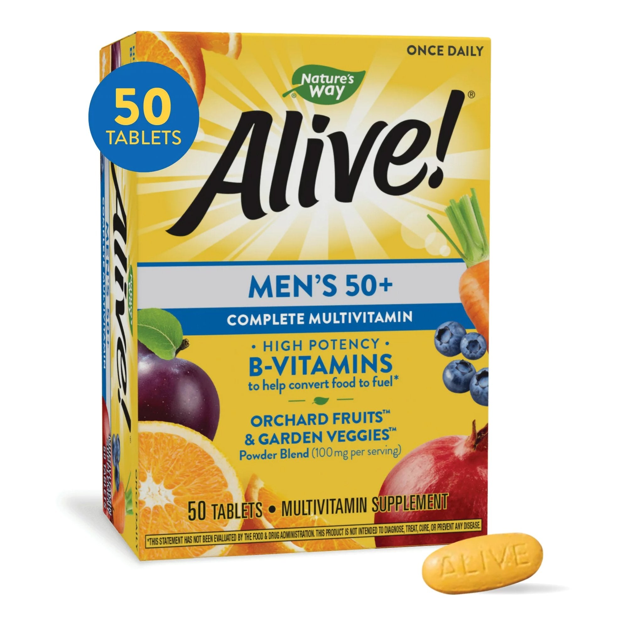 Multivitamin Supplement Alive!® Men’s 50+ Vitamin A / Vitamin C 900 mcg / 180 mg Strength Tablet 50 per Box,  Packaging Type- Box