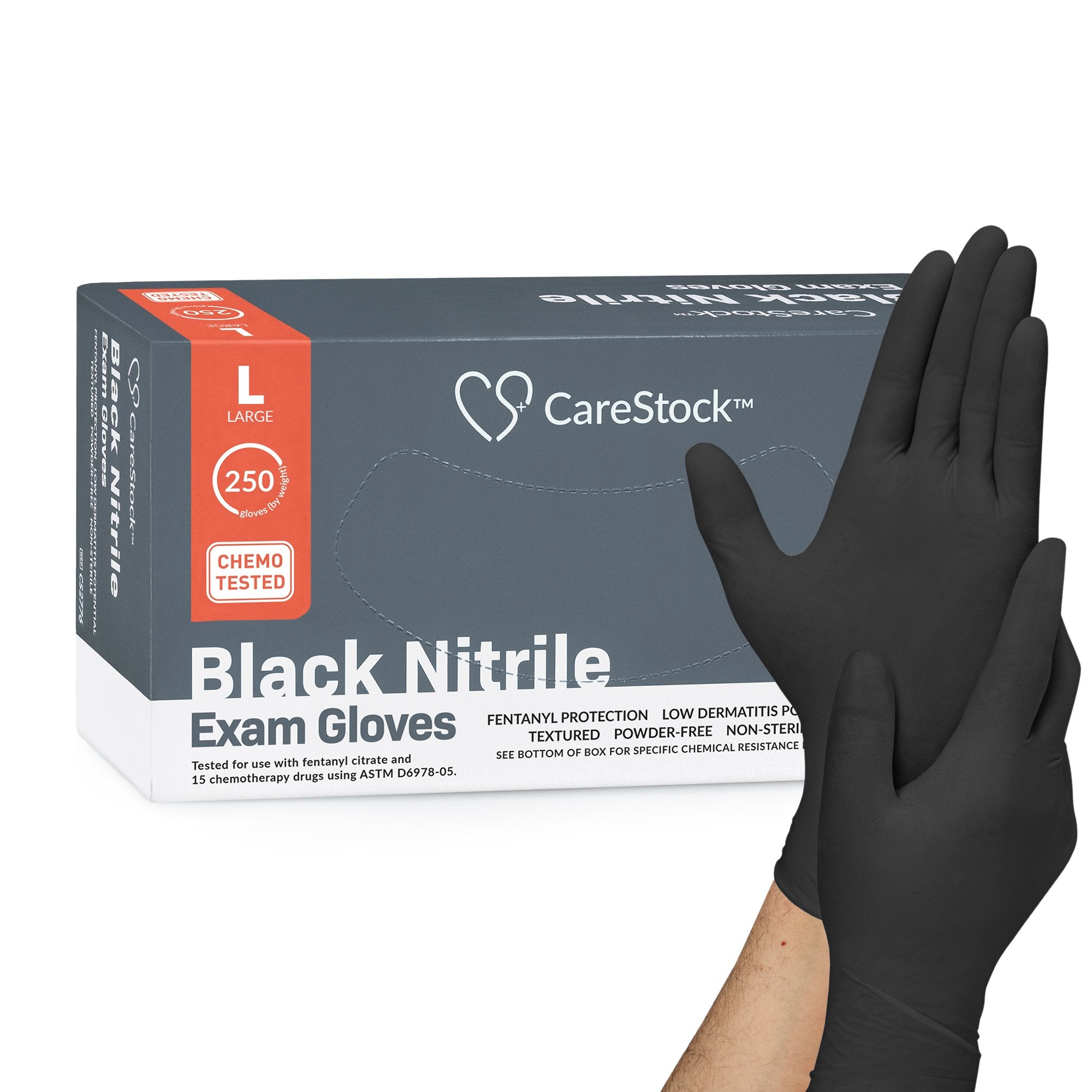 Exam Glove CareStock Large NonSterile Nitrile Standard Cuff Length Fully Textured Black Not Rated, Packaging Type- Box