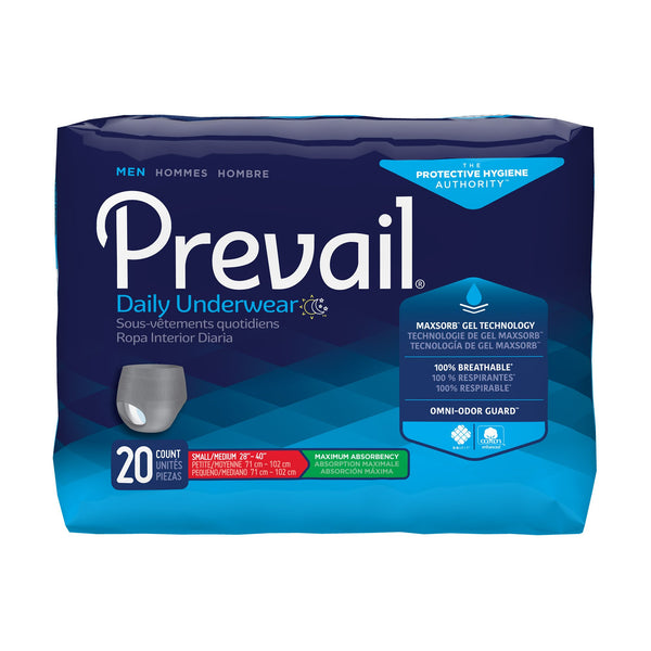 Male Adult Absorbent Underwear Prevail Daily Underwear Pull On with Tear Away Seams Small / Medium Disposable Heavy Absorbency