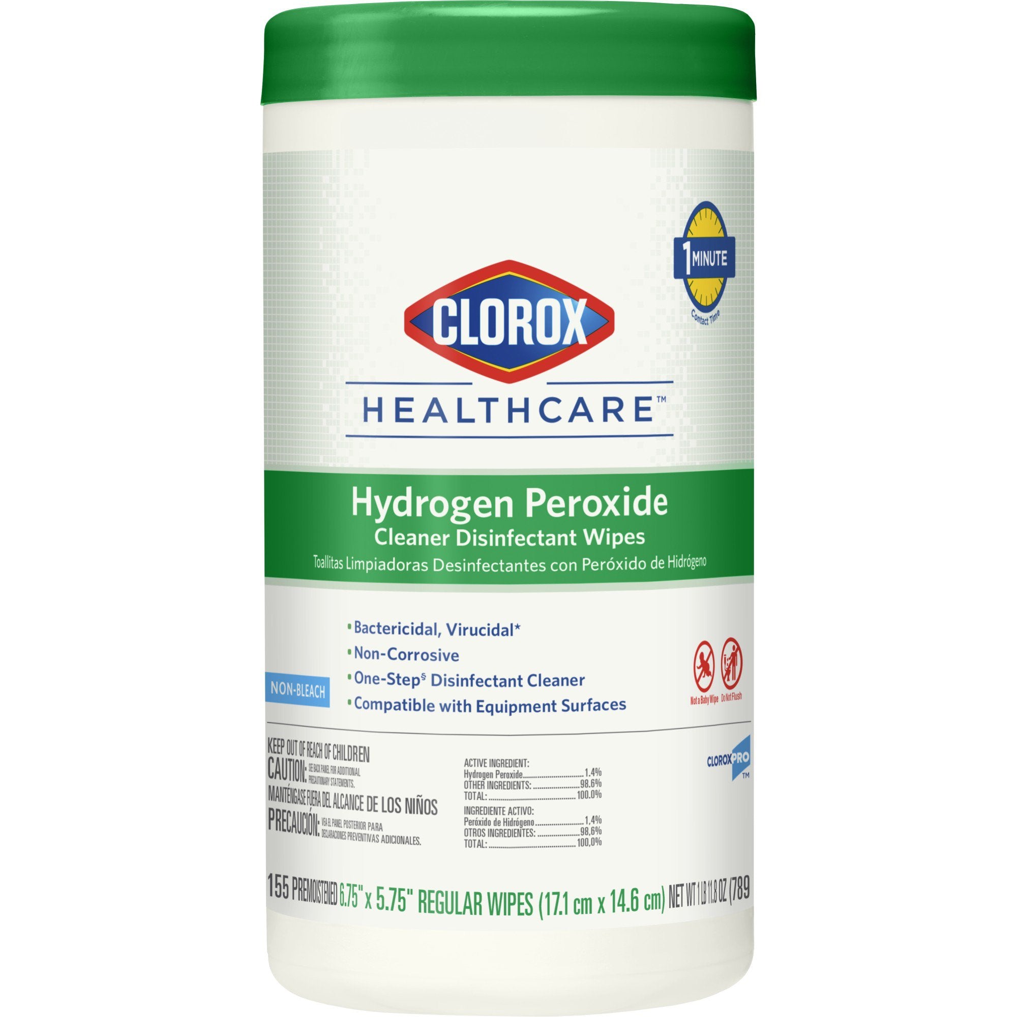 Clorox Healthcare Surface Disinfectant Cleaner Premoistened Hydrogen Peroxide Based Manual Pull Wipe 155 Count Canister Unscented NonSterile, Packaging Type- Case