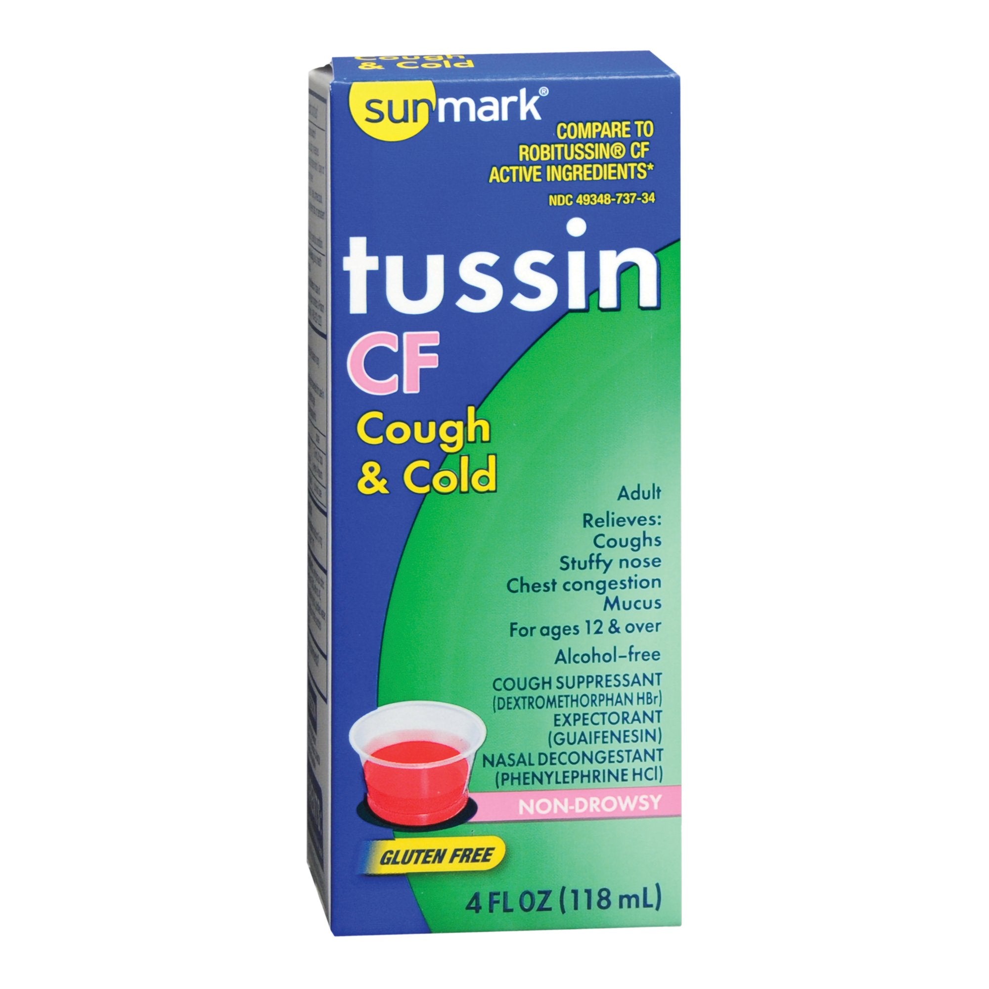 Cold and Cough Relief sunmark 10 mg - 100 mg - 5 mg / 5 mL Strength Liquid 4 oz., Packaging Type- Each