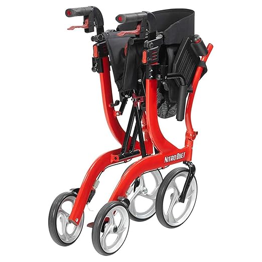 nitro dual function transport wheelchair and rollator rolling walker combo with hand activated brakes and back support red