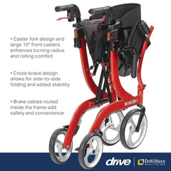 nitro dual function transport wheelchair and rollator rolling walker combo with hand activated brakes and back support red