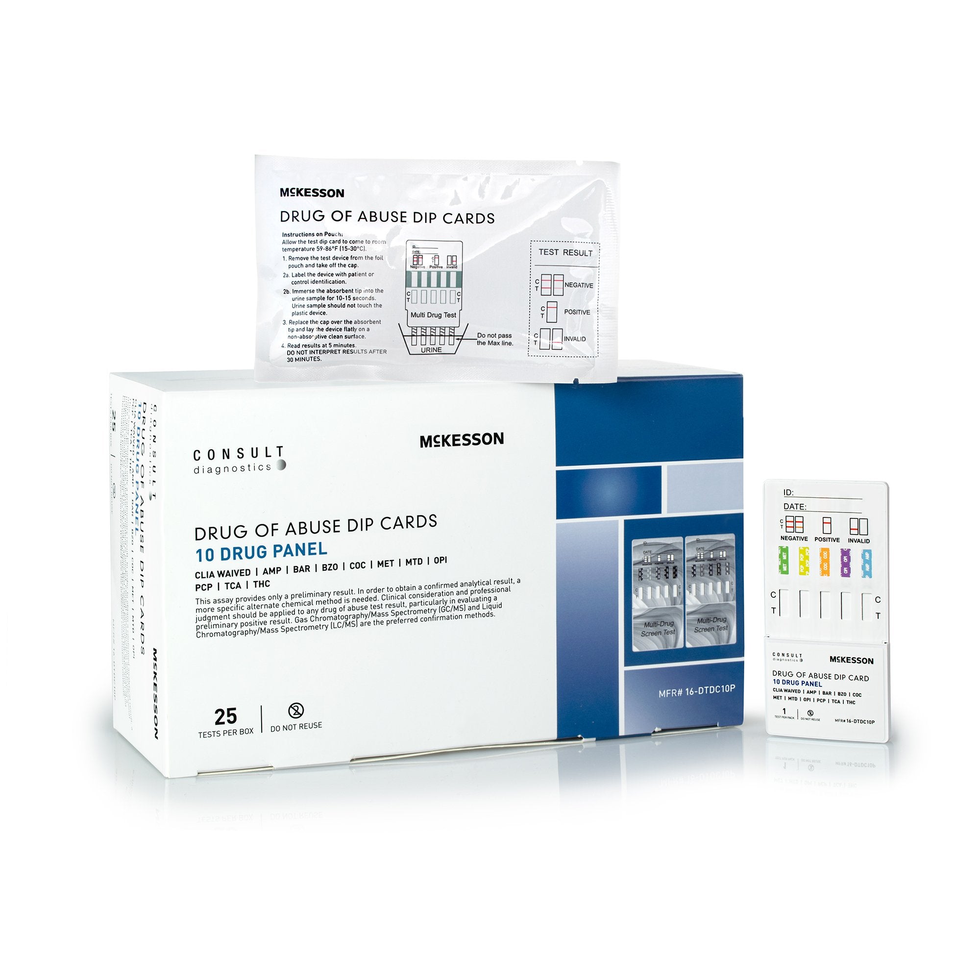 Drugs of Abuse Test Kit McKesson Consult AMP, BAR, BZO, COC, mAMP/MET, MTD, OPI, PCP, TCA, THC 25 Tests CLIA Waived, Packaging Type- Case