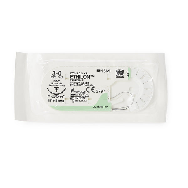 Nonabsorbable Suture with Needle Ethilon Nylon PS 2 3/8 Circle Precision Reverse Cutting Needle Size 3 0 Monofilament