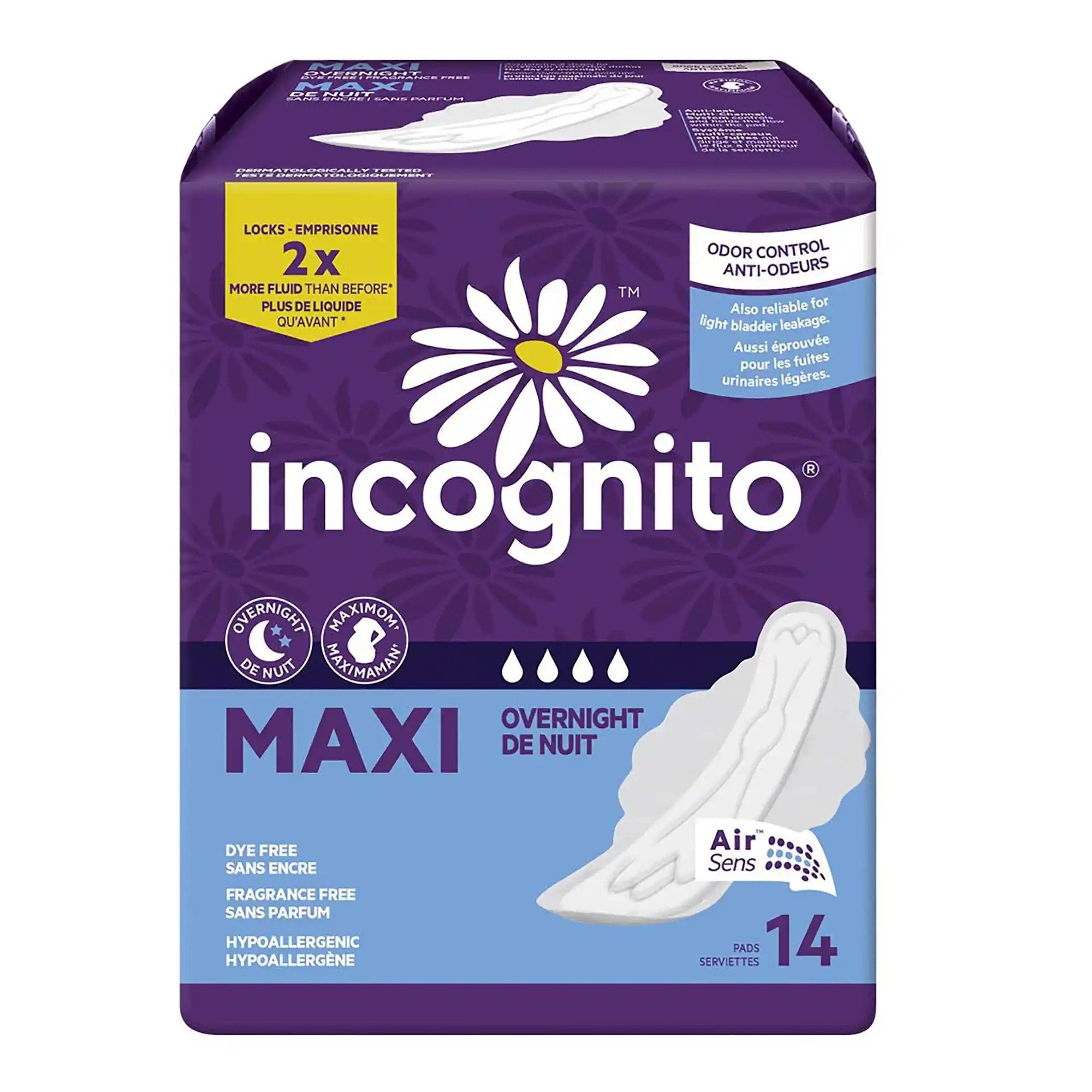 Feminine Pad Incognito Maxi with Wings / Overnight Heavy Absorbency, Packaging Type- Case