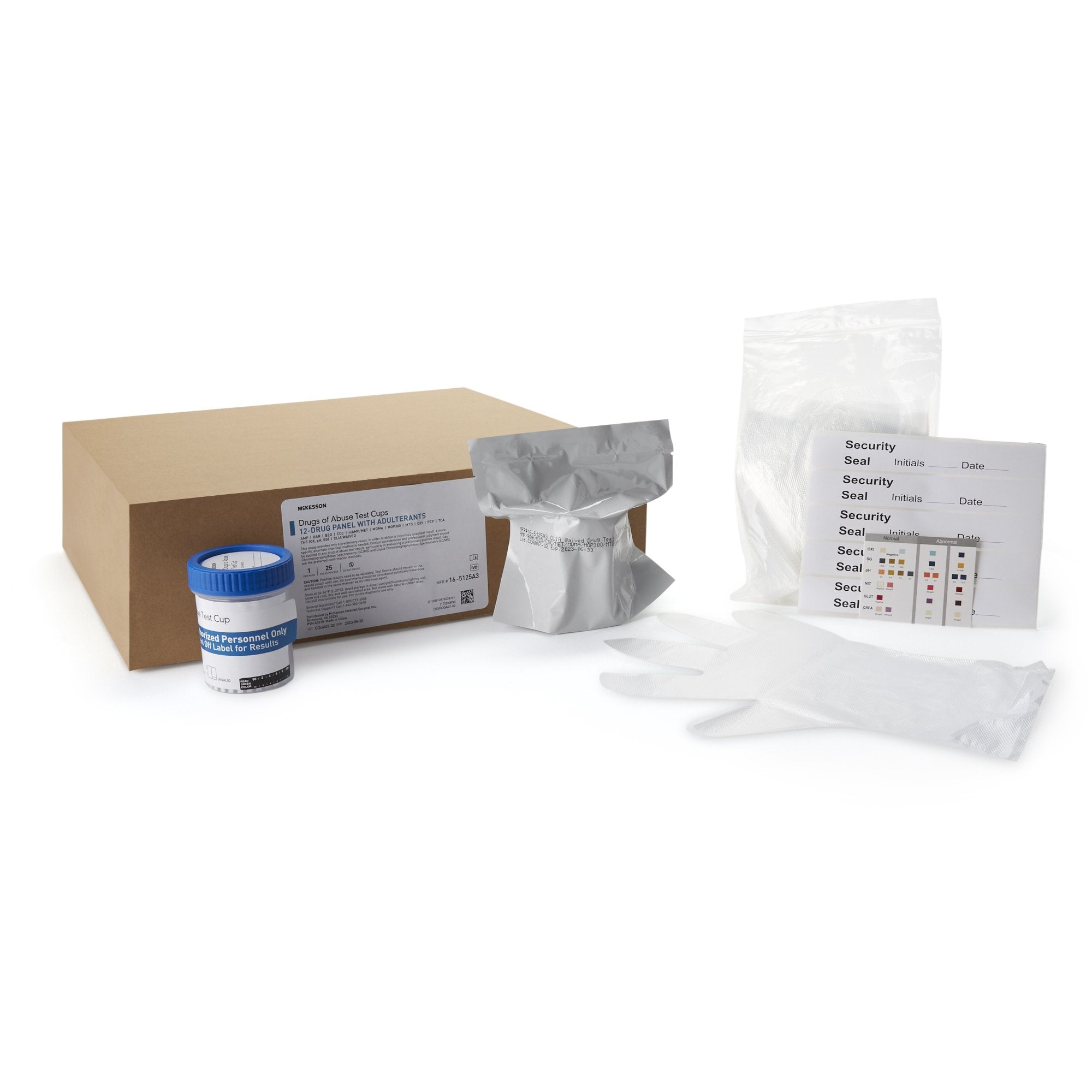 Drugs of Abuse Test Kit McKesson AMP, BAR, BZO, COC, mAMP/MET, MDMA, MOP300, MTD, OXY, PCP, TCA, THC (OX, pH, SG) 25 Tests CLIA Waived, Packaging Type- Case