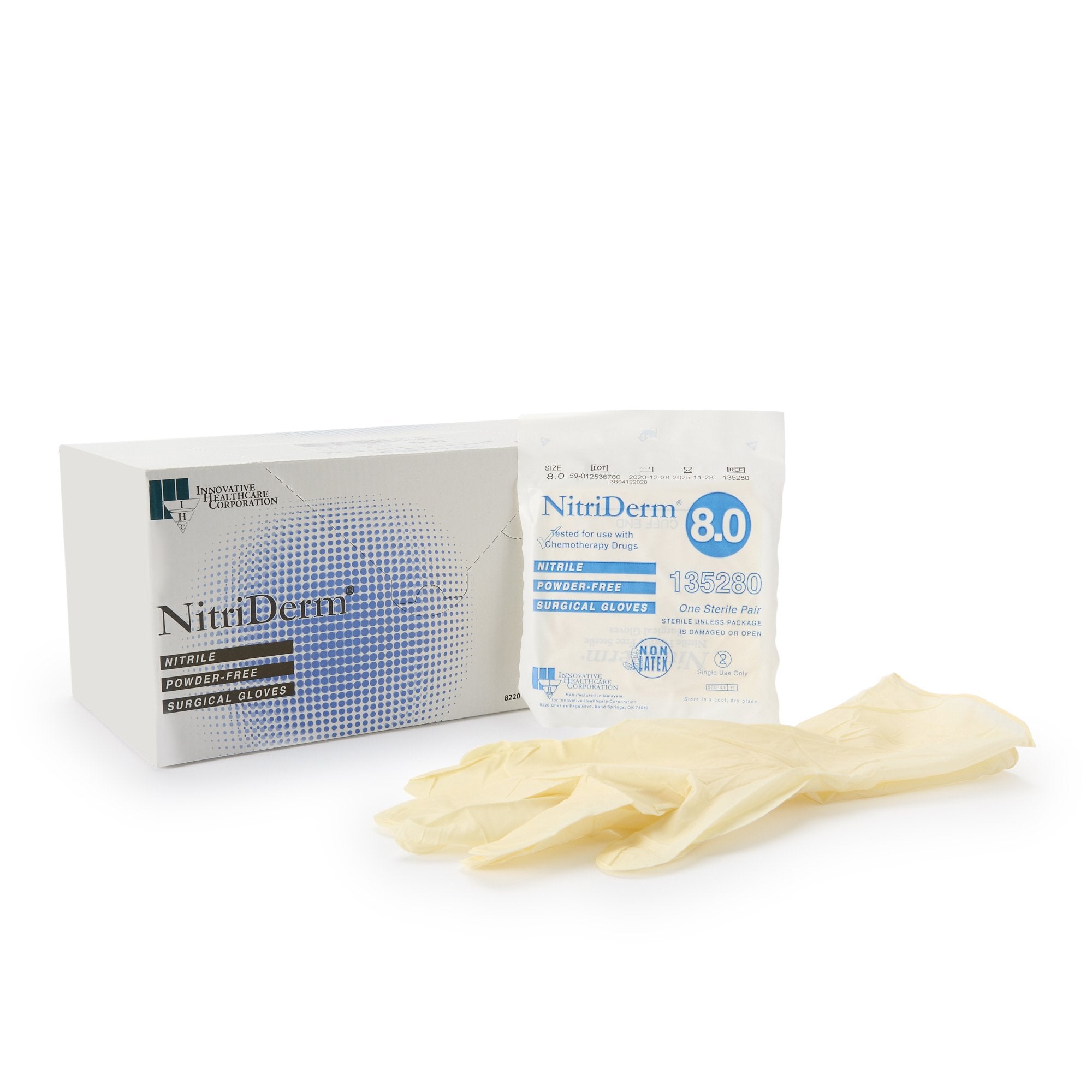 Surgical Glove NitriDerm Size 8 Sterile Nitrile Standard Cuff Length Fully Textured White Chemo Tested, Packaging Type- Box