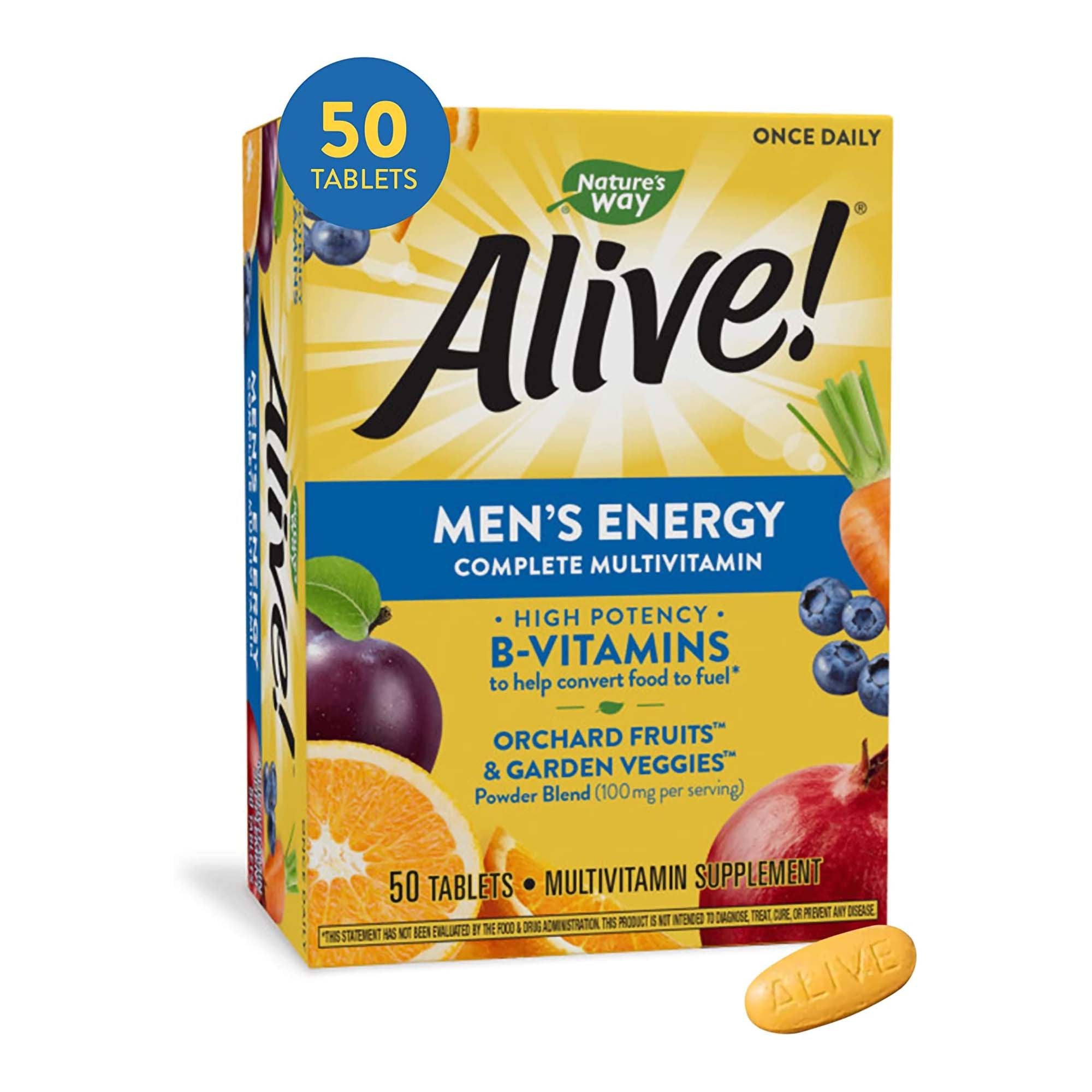 Multivitamin Supplement Alive! Men’s Energy Vitamin A / Vitamin C 900 mcg / 180 mg Strength Tablet 50 per Box, Packaging Type- Box