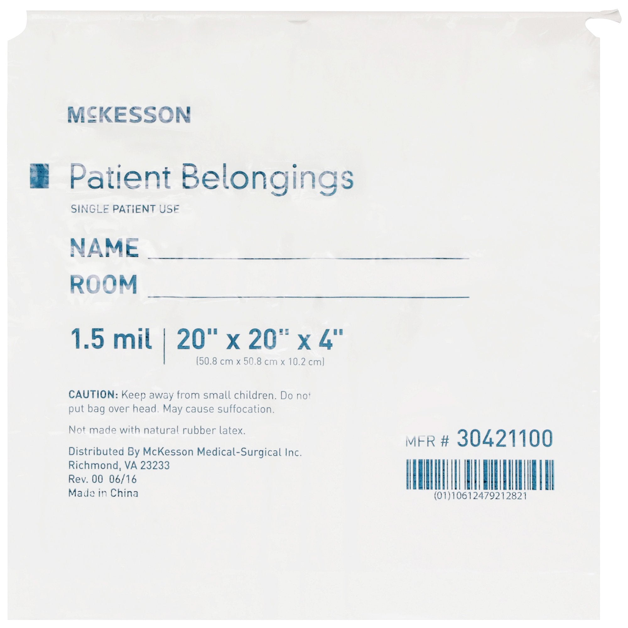 Patient Belongings Bag McKesson 4 X 20 X 20 Inch Polyethylene Drawstring Closure White, Packaging Type- Each