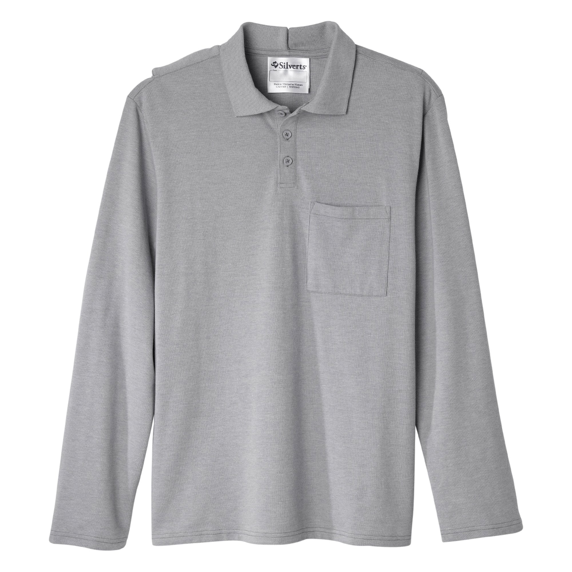 Adaptive Polo Shirt Silverts® 3X-Large Heather Gray 1 Pocket Long Sleeve Male