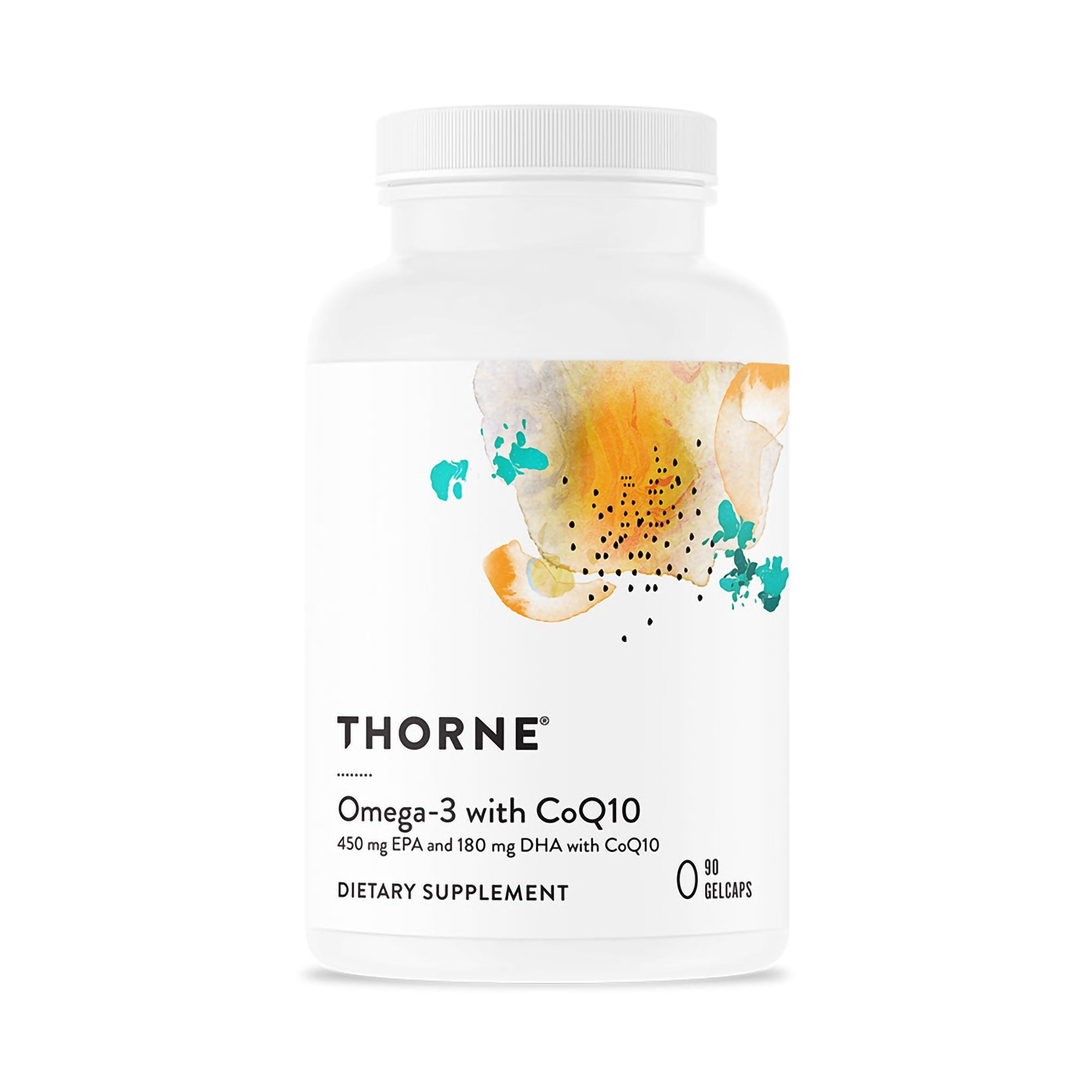 Dietary Supplement THORNE® Omega-3 with CoQ10 EPA / DHA / Coenzyme Q10 450 mg - 180 mg - 30 mg Strength Gelcap 90 per Bottle