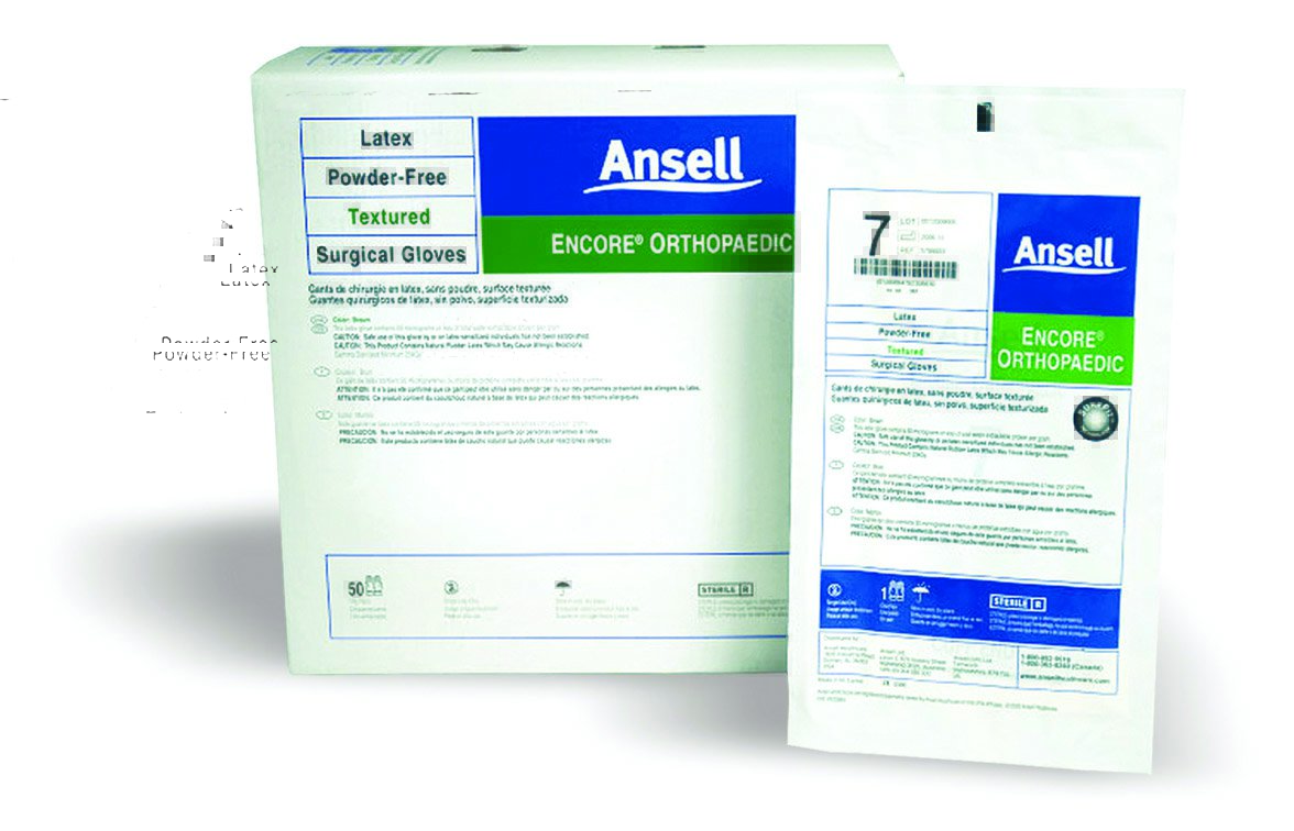 Guante quirúrgico ENCORE de látex ortopédico, talla 8, látex estéril, longitud de puño estándar, totalmente texturizado, marrón, probado para quimioterapia.