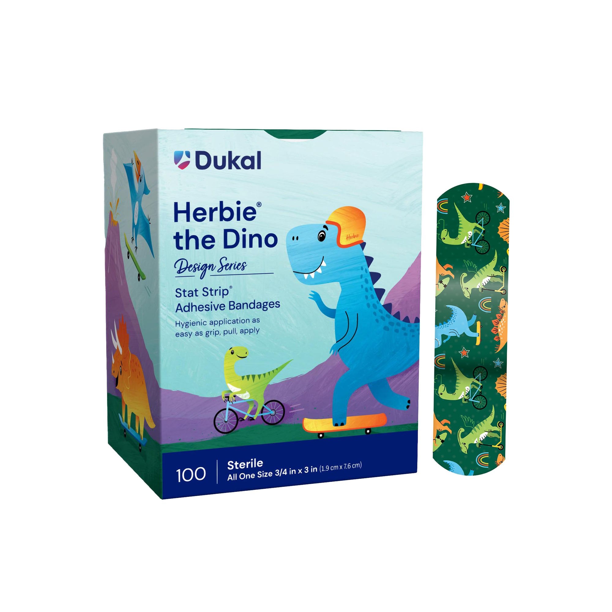 Adhesive Strip Designer Series with Stat Strip Technology 3/4 X 3 Inch Plastic Rectangle Kid Design (Herbie the Dinosaur) Sterile, Packaging Type- Box