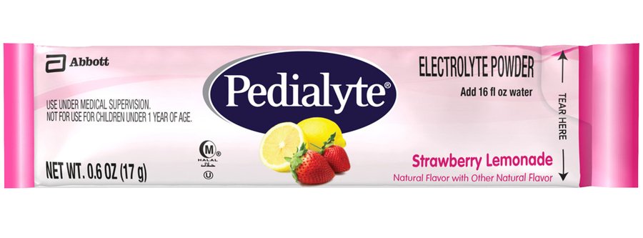 Oral Electrolyte Solution Pedialyte Powder Packs Strawberry Lemonade Flavor 0.6 oz. Electrolyte
