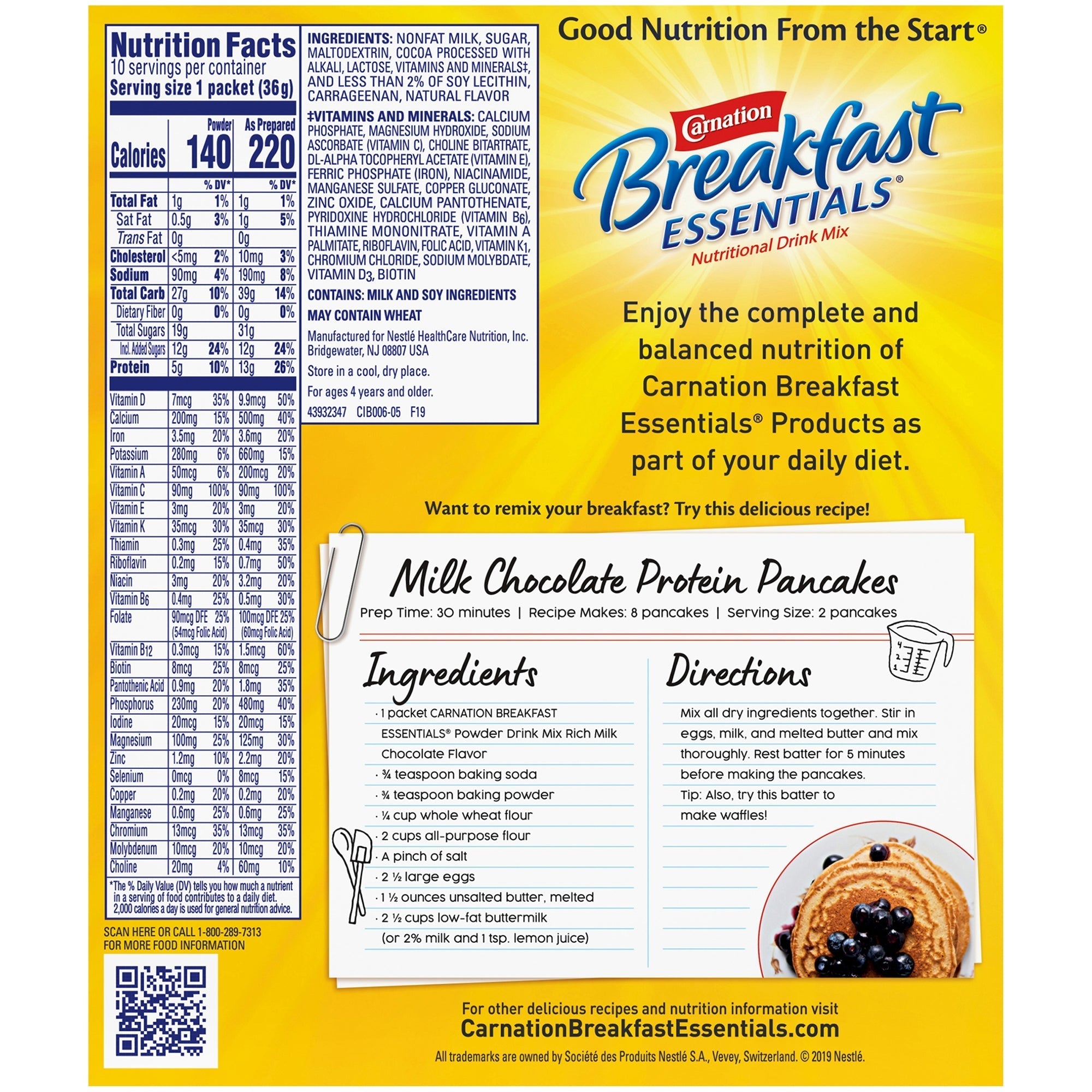 oral supplement carnation breakfast essentials rich milk chocolate flavor powder 1 26 oz individual packet packaging type box