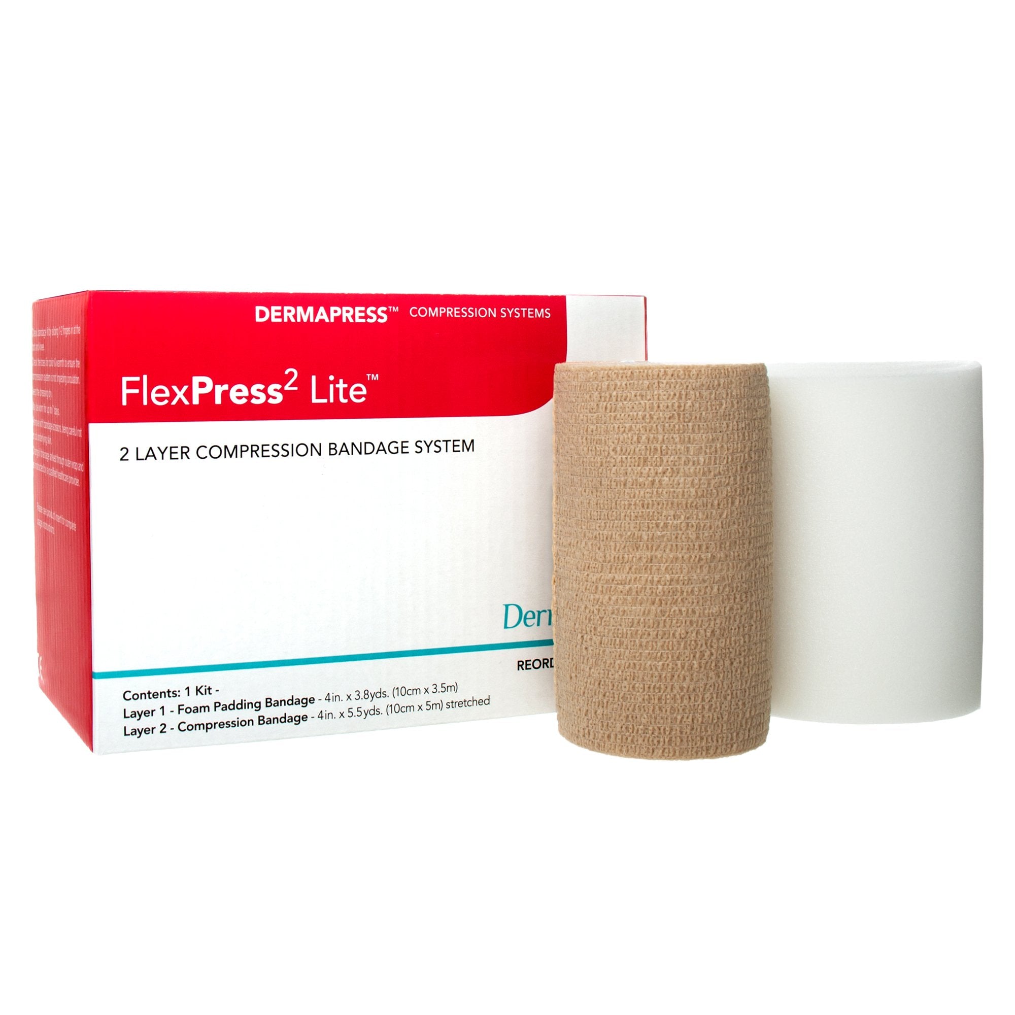 2 Layer Compression Bandage System FlexPress2 Lite 4 Inch X 3-4/5 Yard / 4 Inch X 5-1/2 Yard Self-Adherent Closure Tan / White NonSterile Standard Compression, Packaging Type- Box