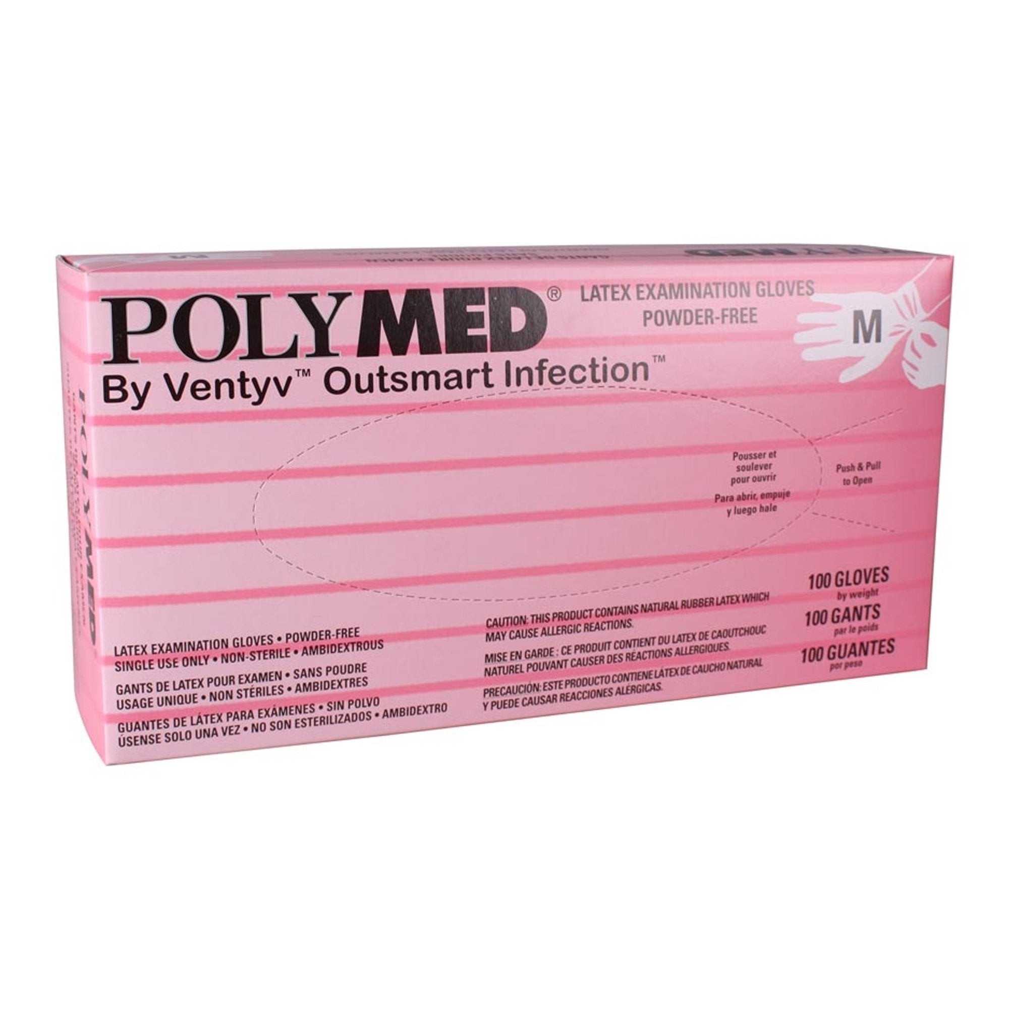 Exam Glove Polymed Medium NonSterile Latex Standard Cuff Length Fully Textured Ivory Not Rated, Packaging Type- Box