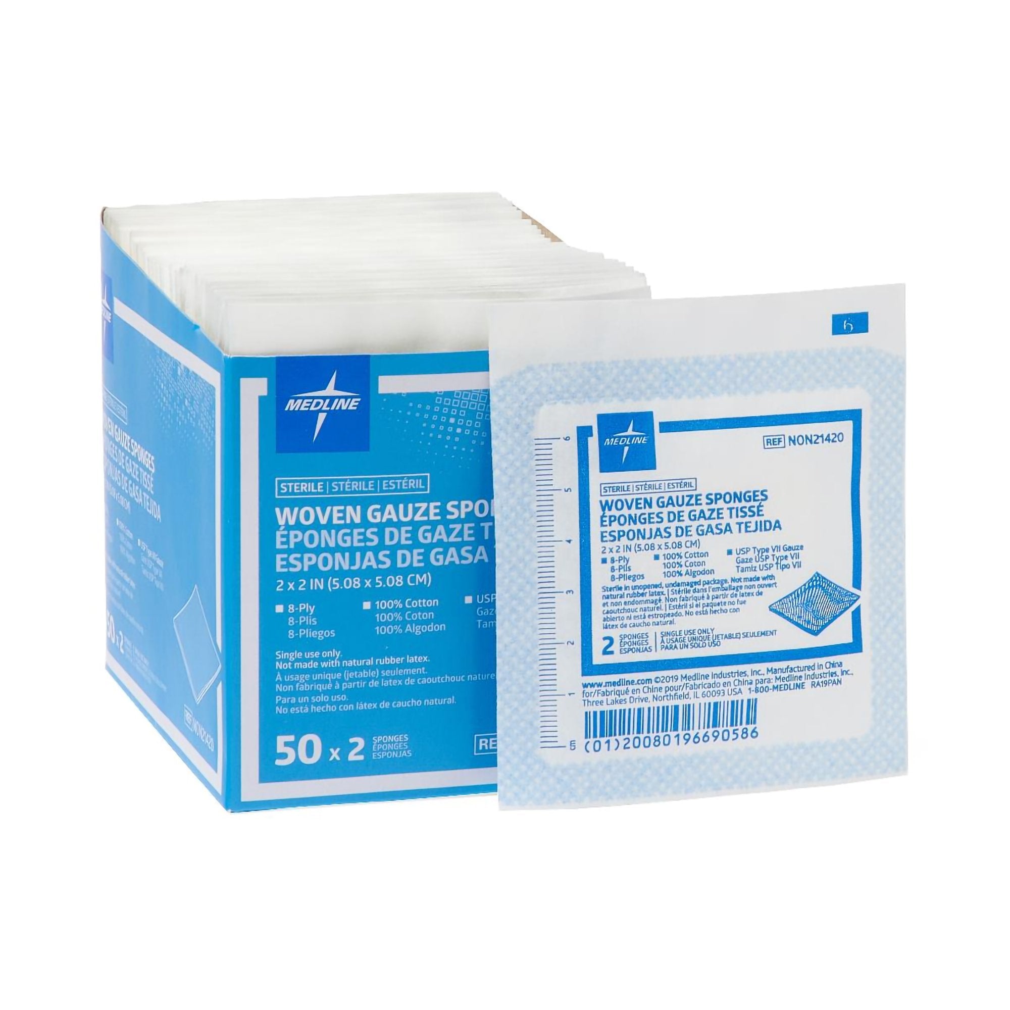 Gauze Sponge Medline 2 X 2 Inch 8-Ply Sterile 2 per Pack, Packaging Type- Box