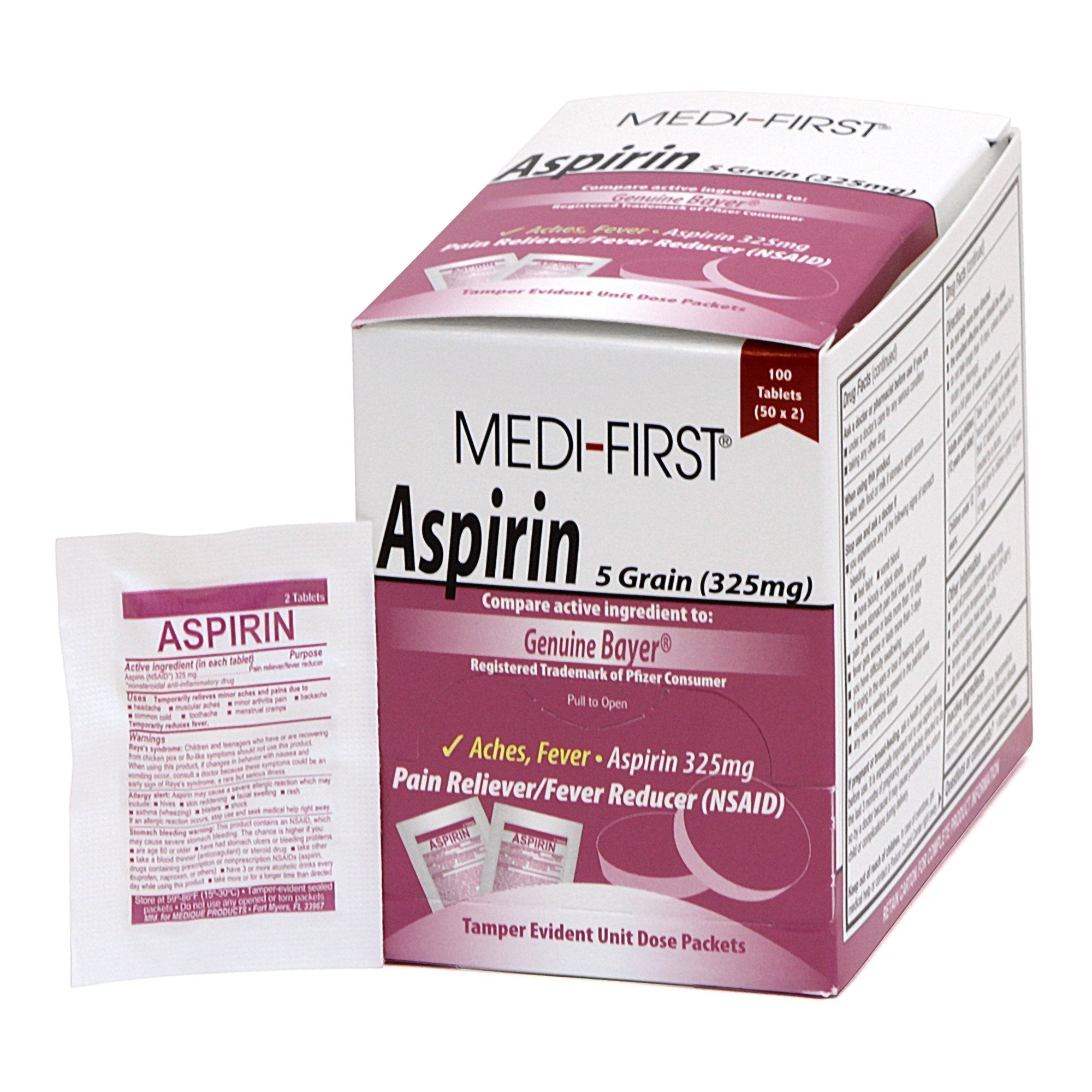 Pain Relief Medi First 325 mg Strength Aspirin Unit Dose Tablet 100 per Box