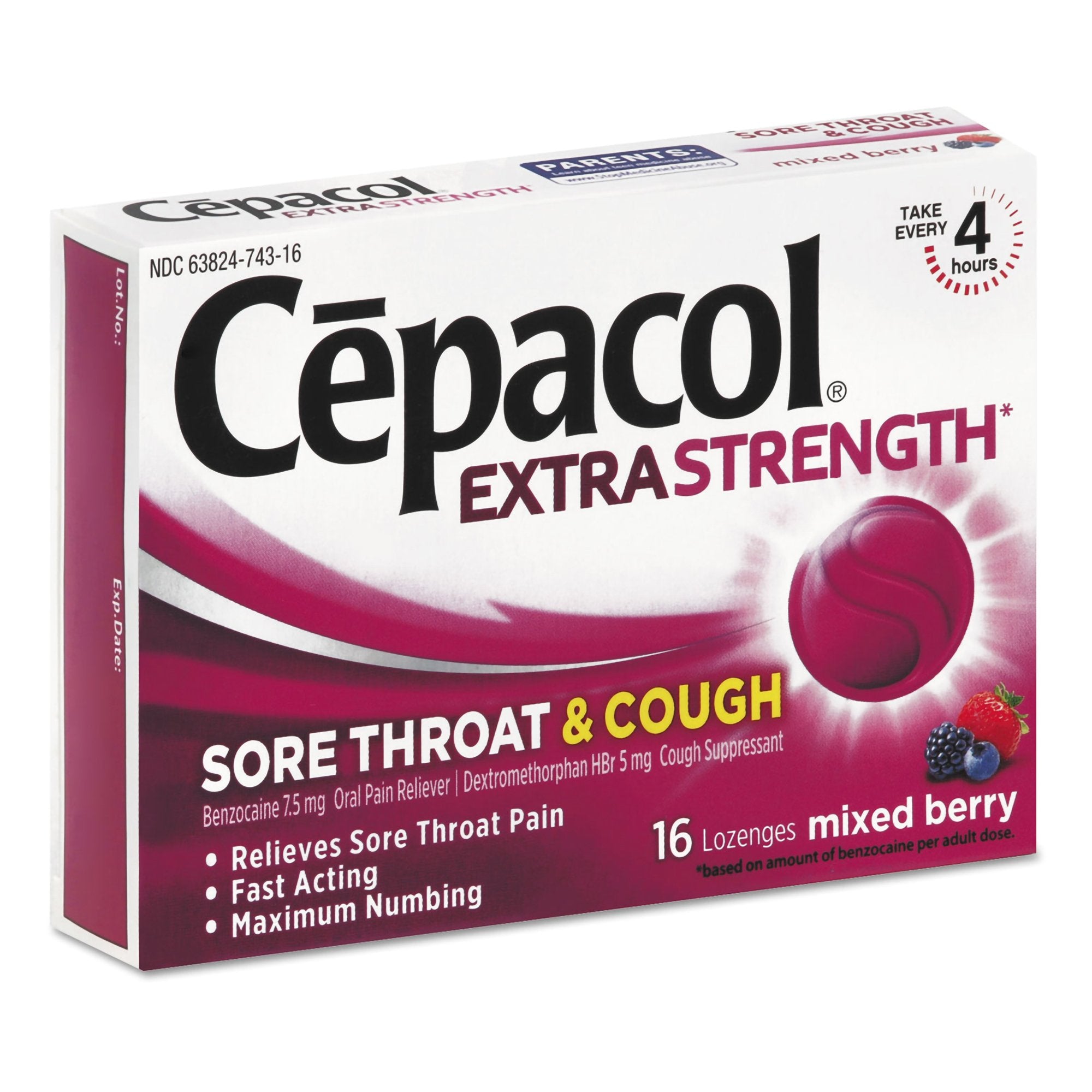 Sore Throat Relief Cepacol Extra Strength 7.5 mg - 5 mg Strength Lozenge 16 per Box, Packaging Type- Box