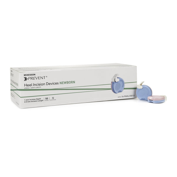 Pediatric Lancet McKesson Prevent 2.5 mm Blade Retractable Push Button Activation Heel