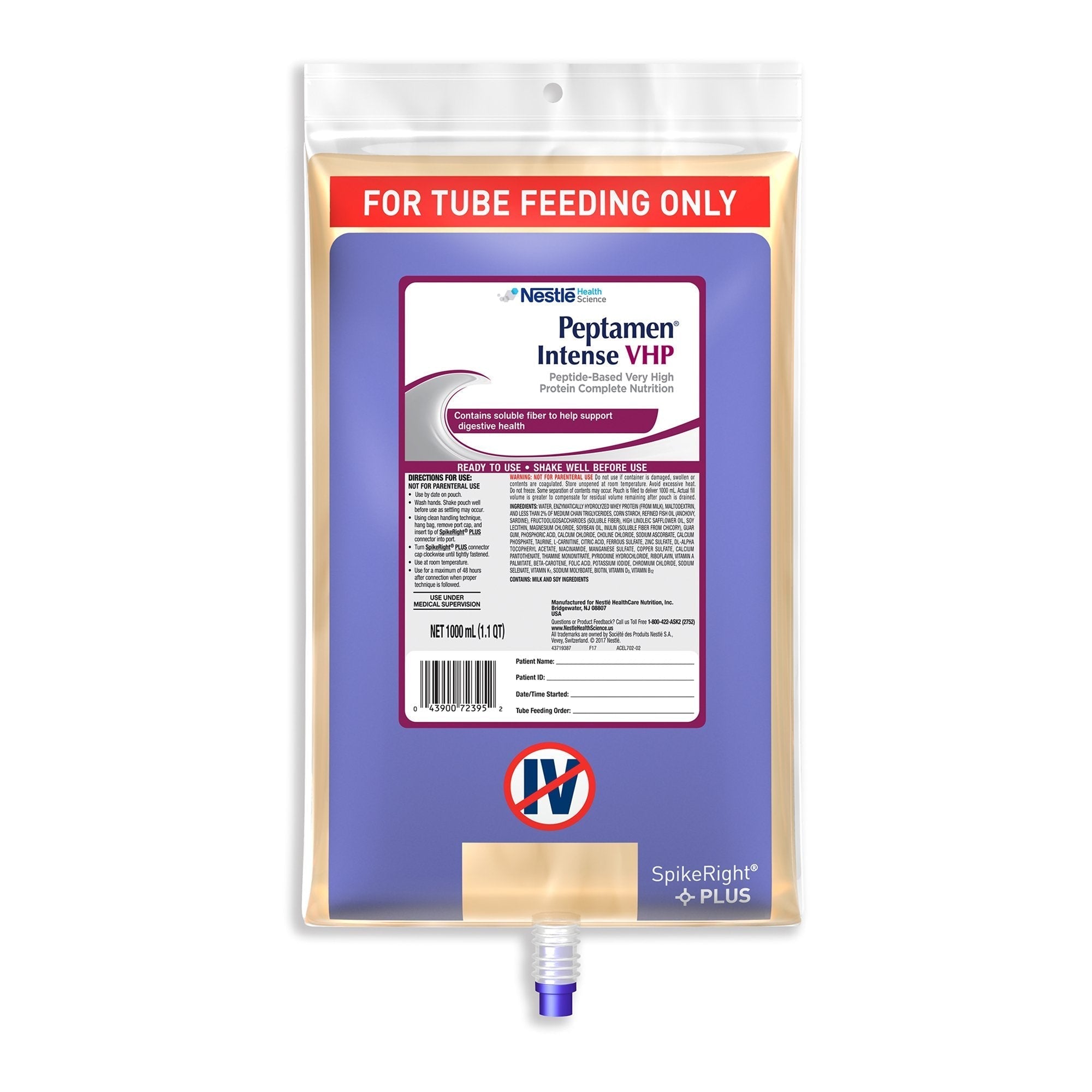 Tube Feeding Formula Peptamen Intense VHP Unflavored Liquid 1000 mL Ready to Hang Prefilled Container