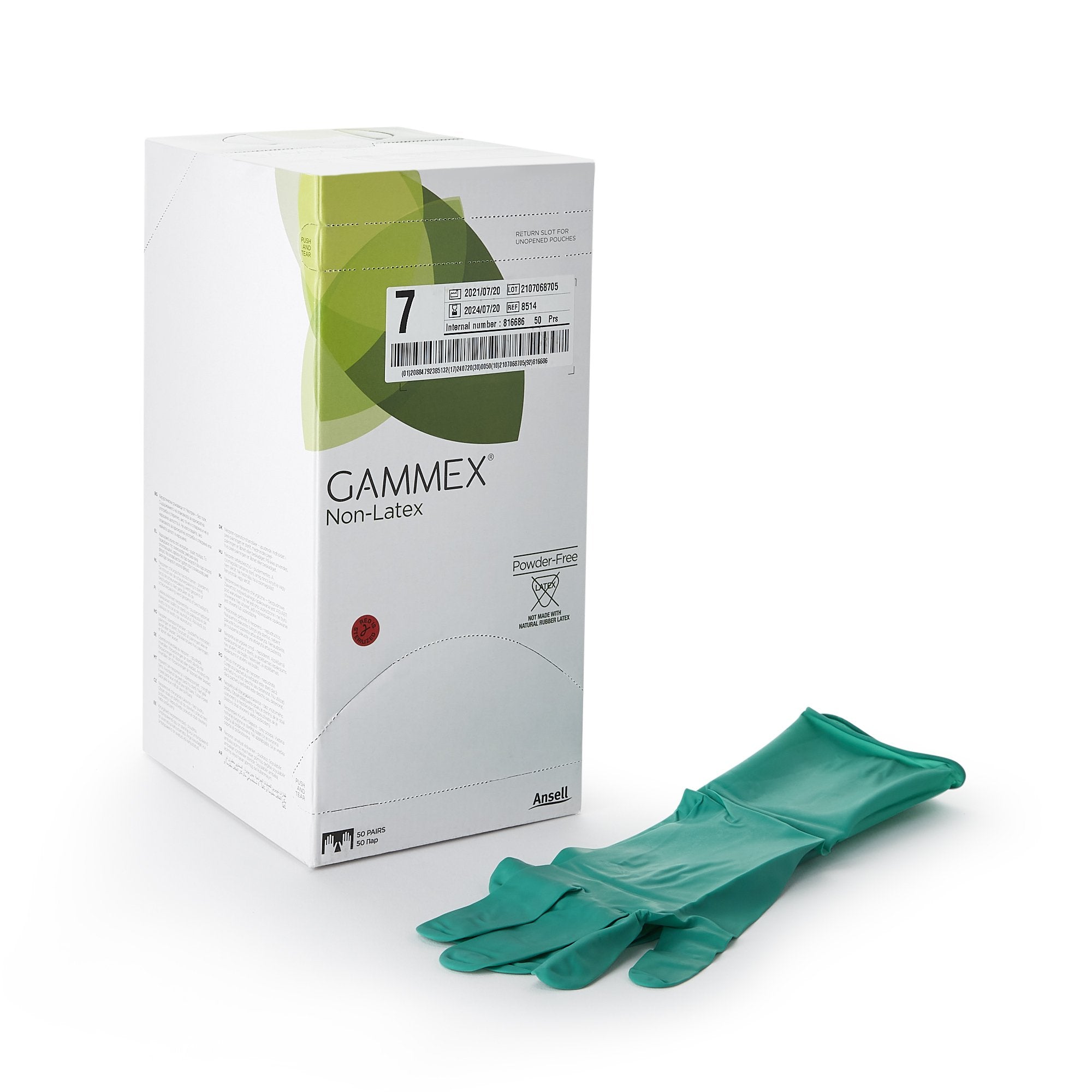 Surgical Glove GAMMEX Non-Latex Size 7 Sterile Polyisoprene Standard Cuff Length Micro-Textured Green Chemo Tested, Packaging Type- Box