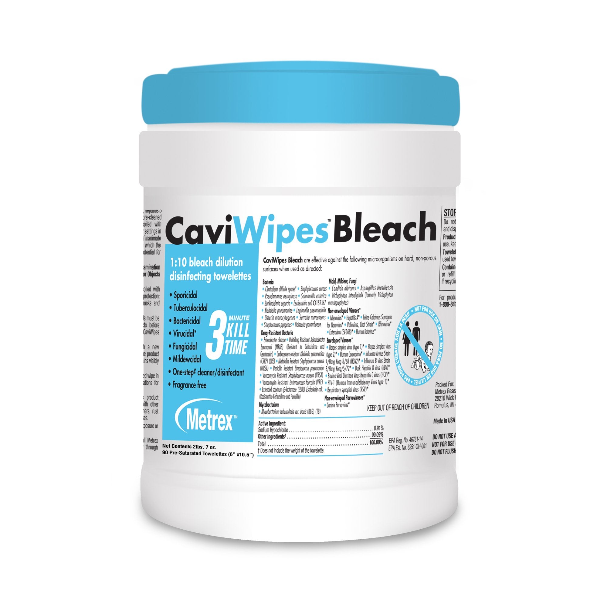 CaviWipes Bleach Surface Disinfectant Cleaner Premoistened Manual Pull Wipe 90 Count Canister Bleach Scent NonSterile