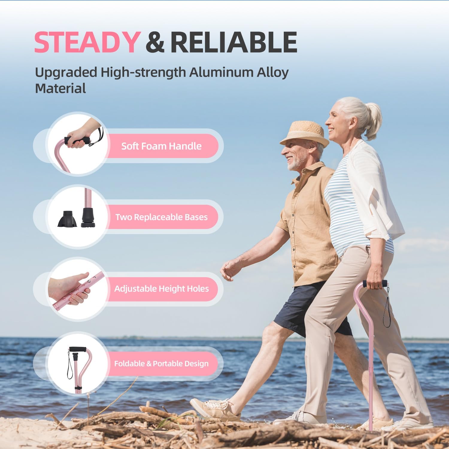 Bastón ajustable para hombres y mujeres con mango suave y acolchado, portátil, ligero y resistente, ayuda para la movilidad para personas mayores, bastón plegable.