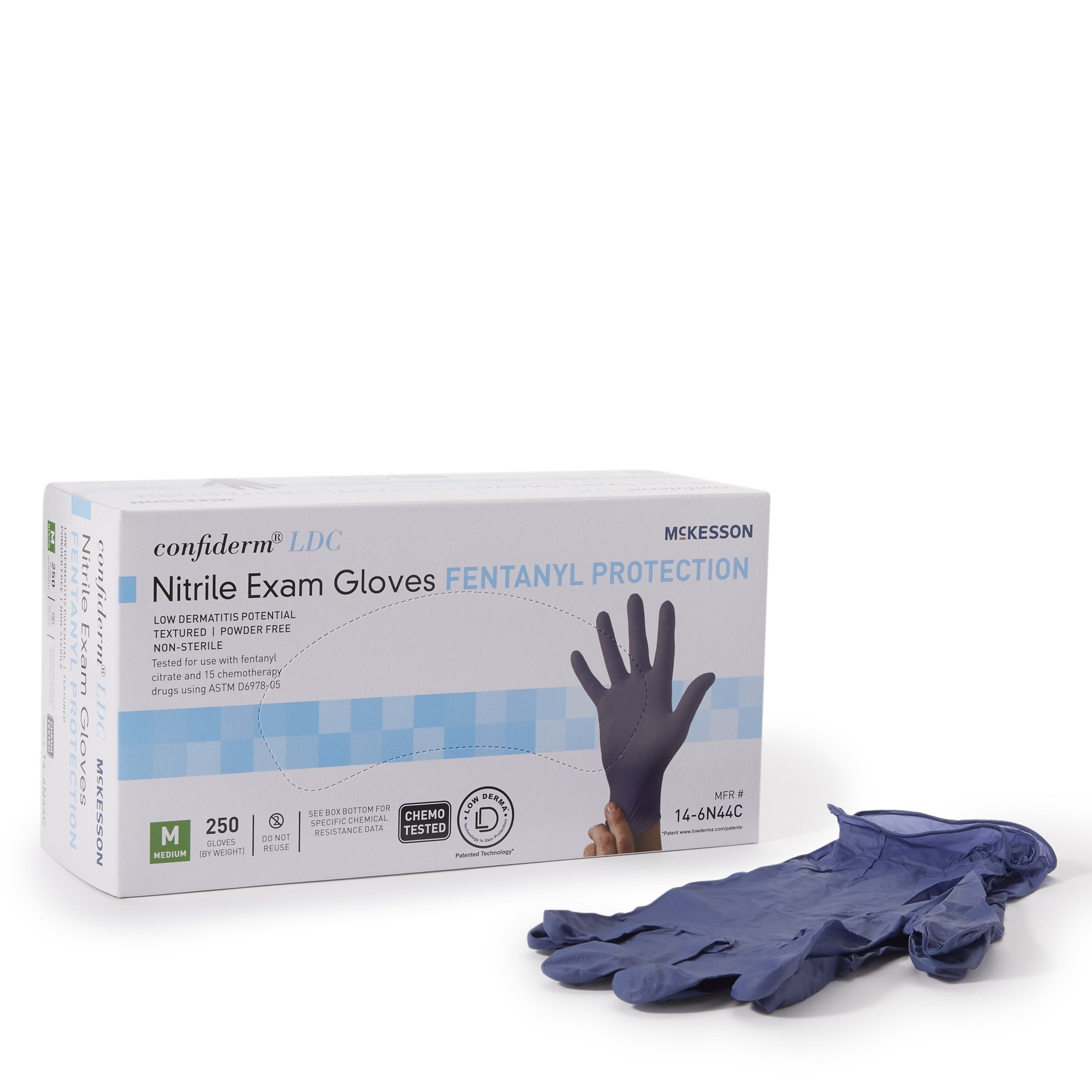 Exam Glove McKesson Confiderm LDC Medium NonSterile Nitrile Standard Cuff Length Fully Textured Blue Chemo Tested / Fentanyl Tested, Packaging Type- Case