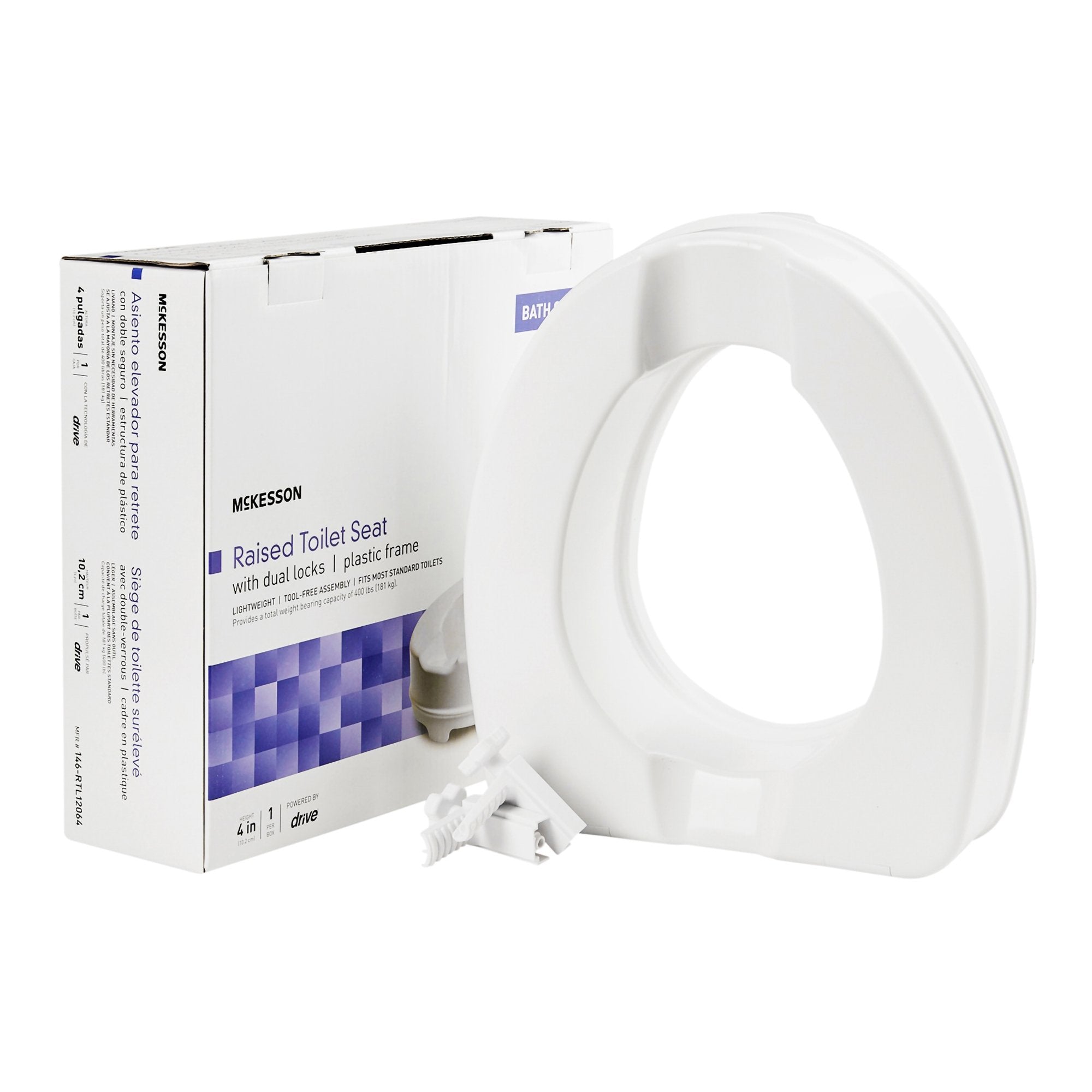 Raised Toilet Seat McKesson 4 Inch Height White 400 lbs. Weight Capacity, Packaging Type- Each