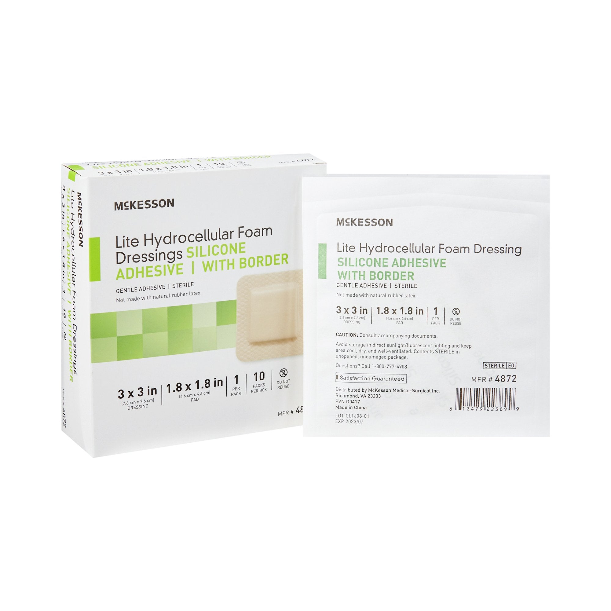 Thin Foam Dressing McKesson Lite 3 X 3 Inch With Border Film Backing Silicone Gel Adhesive Square Sterile