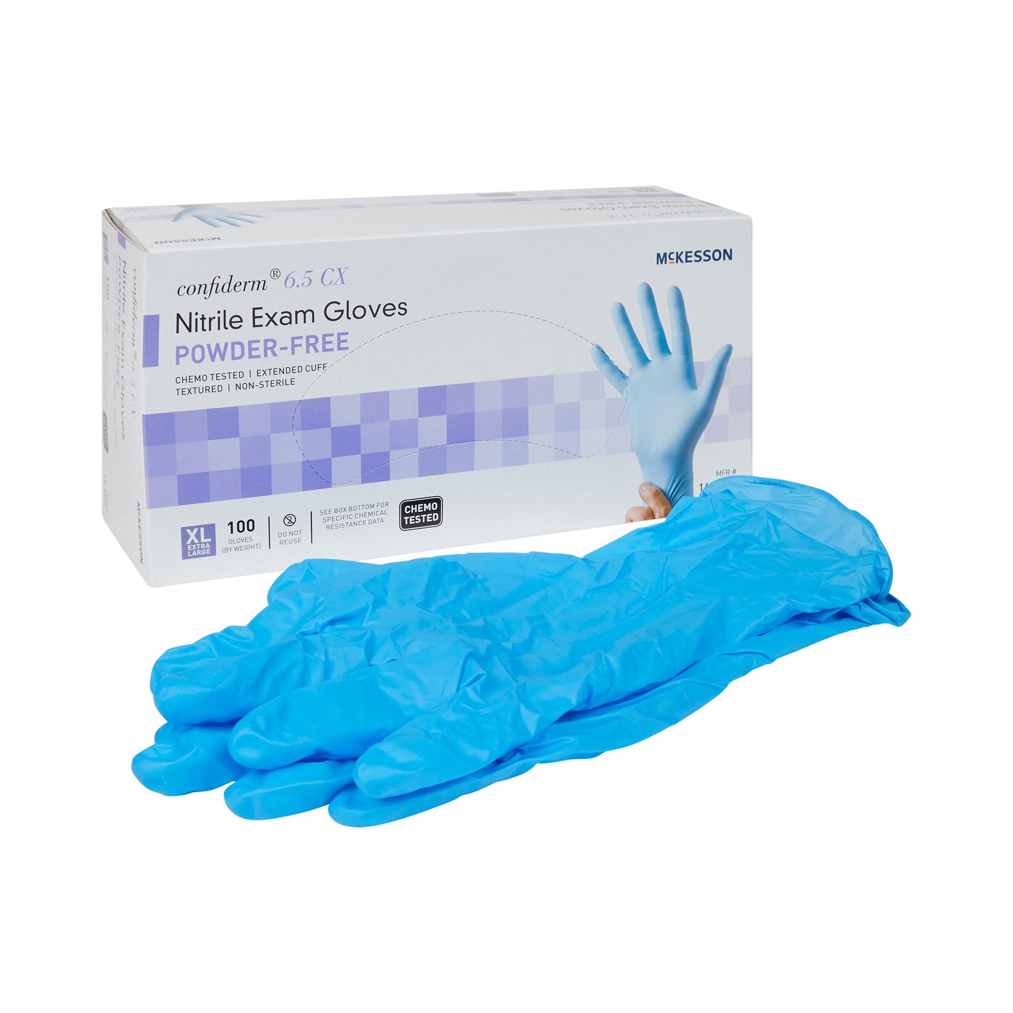 Exam Glove McKesson Confiderm 6.5CX X-Large NonSterile Nitrile Extended Cuff Length Textured Fingertips Blue Chemo Tested, Packaging Type- Case