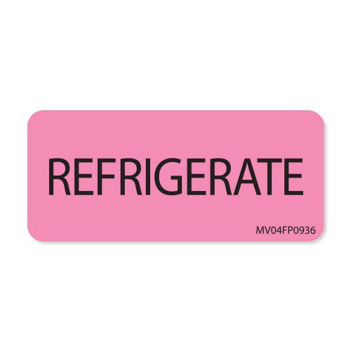 Pre Printed Label MedVision Auxiliary Label Pink Paper REFRIGERATE Black Temperature Control 1 X 2 1/4 Inch